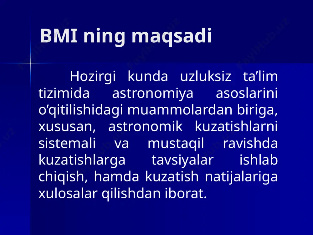 in emas; kuzatish o’z o’qi atrofida va quyosh atrofida harakatlanadigan yerdan bajariladi. yerdagi kuzatuvchi osmon jismlari harakatiga nisbatan harakatsiz deb qabul qilinadi. kuzatishlarda yoritgichlarning o’zaro vaziyatini aniqlashda burchak o’lchov birligi, ya’ni gradus va uning birliklarida ifodalanadi. yoritkichlar kuzatuvchiga nisbatan bir xil masofada turgandek tuyuladi, shu sababli ular orasidagi masofani o’lchash murakkabdir. astronomik kuzatishlarda quyidagilarga e’tibor beriladi: -astronomiyani fan sifatida, astronomik xodisalarni kuzatishlardan ajralgan xolda tasavvur qilish qiyin. shunga ko’ra o’qituvchi raxbarligida olib boriladigan kuzatishlar, maktab,al va khk astronomiya kursining ajralmas qismi xisoblanadi. - butun kurs davomida "kirish" qismidan to yakunlovchi bo’limlarga qadar o’quvchilarga ko’rinma va xaqiqiy astronomik xodisalarning farqini tushintirib borish zarur. -astronomiya kursida, o’quv materiallarini osmon ob’ektlarining aniq guruhlariga (quyosh sistemasining jismlari, quyosh va yulduzlar va x.) bo’yicha sinflarga ajratish, ayrim xususiyatlar kelgusi bo’limlarda ochiladigan hodisa va tushunchalarni o’rganish zarurligiga olib keladi. -astronomiya moddiy dunyoning ob’ektlarini, ularning rivojlanishini xisobga olgan xolda o’rganadi, shuning uchun xam kursning yakuniy maqsadi o’quvchilarda …