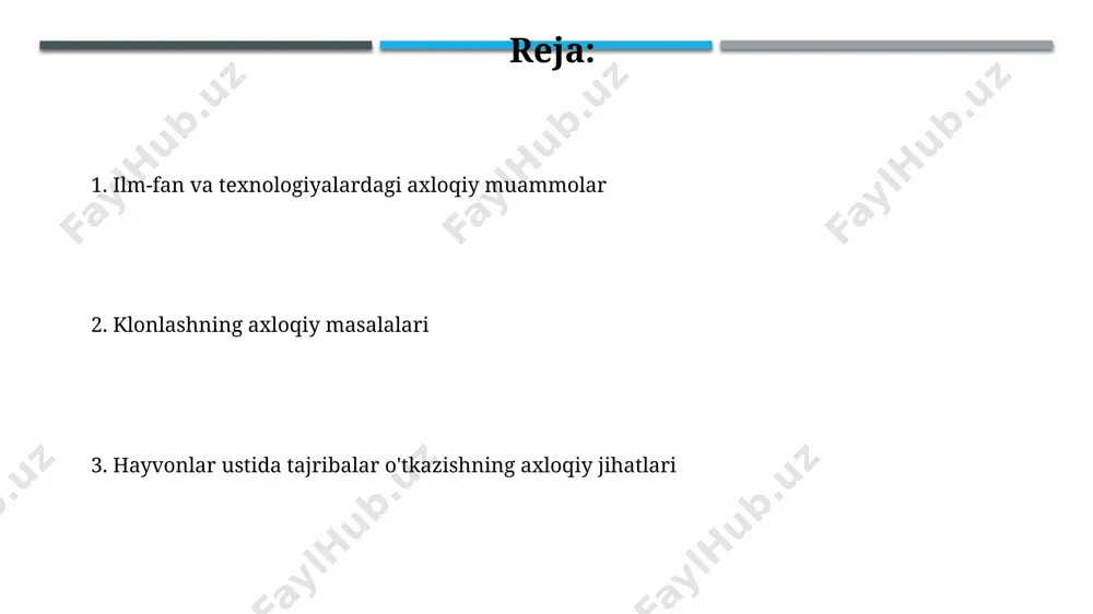 iga tahdid soladi. axloqiy muammolarni hal qilish yo'llari hayvonlar ustida o'tkaziladigan tajribalar sonini kamaytirish uchun "3r" prinsiplarini (replacement, reduction, refinement) qo'llash va alternativ usullarni (in silico modellashtirish, in vitro) faol rivojlantirish zarur. axloqiy muammolarni hal qilishda 3 bosqichli yondashuv – qonunlarni takomillashtirish (masalan, 2024 yildagi yangilanishlar), jamoatchilik muhokamalari (kamida 500 kishi ishtirokida) va mustaqil axloqiy qo'mitalar tashkil etish samarali bo'ladi. e'tiboringiz uchun rahmat @taqdimot_robot image1.jpg image2.jpg image3.jpg image4.jpg image5.jpg