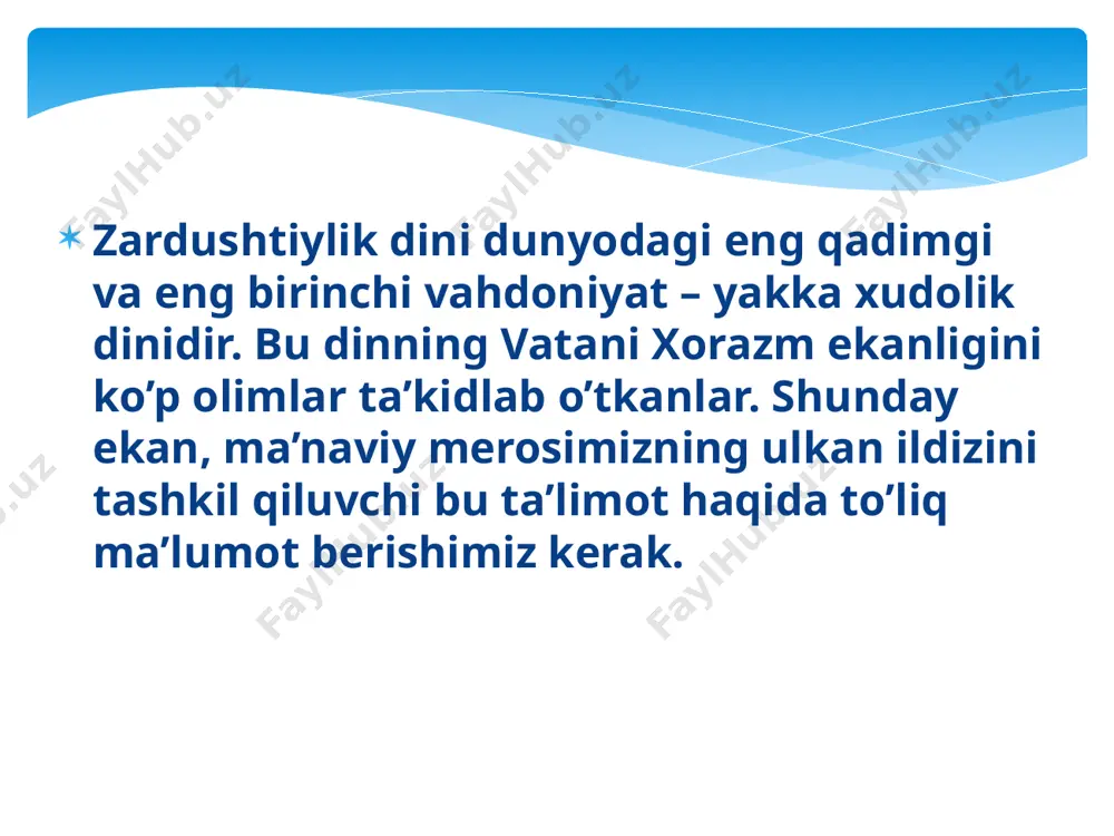 ski dini»ga) nisbatan monoteistik ta’limotdir. u behuda qon to’kuvchi qurbonliklar, harbiy to’qnashuvlar, bosqinchilik urushlarini qoralab, o’troq, osoyishta hayot kechirishga, mehnatga, dehqonchilik, chorvachilik bilan shug’ullanishga da’vat etadi. moddiy hayotni yaxshilashga urinishni yovuzlikka qarshi kurash deb hisoblaydi. zardushtiylik dinida qo’riq yer ochib, uni bog’u-rog’ga aylantirgan odam ilohiyot rahmatiga uchraydi. aksincha, bog’lar, ekinzorlarni, sug’orish inshootlarini buzganlar katta gunohga qoladilar. zardusht insonlarga tinch-totuv yashashni, halol mehnat qilishni o’rgatmoqchi bo’ladi. bunga ko’ra insonning bu dunyodagi hayotiga yarasha narigi dunyodagi taqdiri ham bo’lajak, har bir inson o’lgandan so’ng o’zining bu dunyodagi qilmishiga yarasha abadiy rohat – jannatga, yoki yomon ishlari ko’p bo’lsa na xursandlik va na xafalik ko’rmaydigan arosat joy – misvongatuga tushadi. /docprops/thumbnail.jpeg