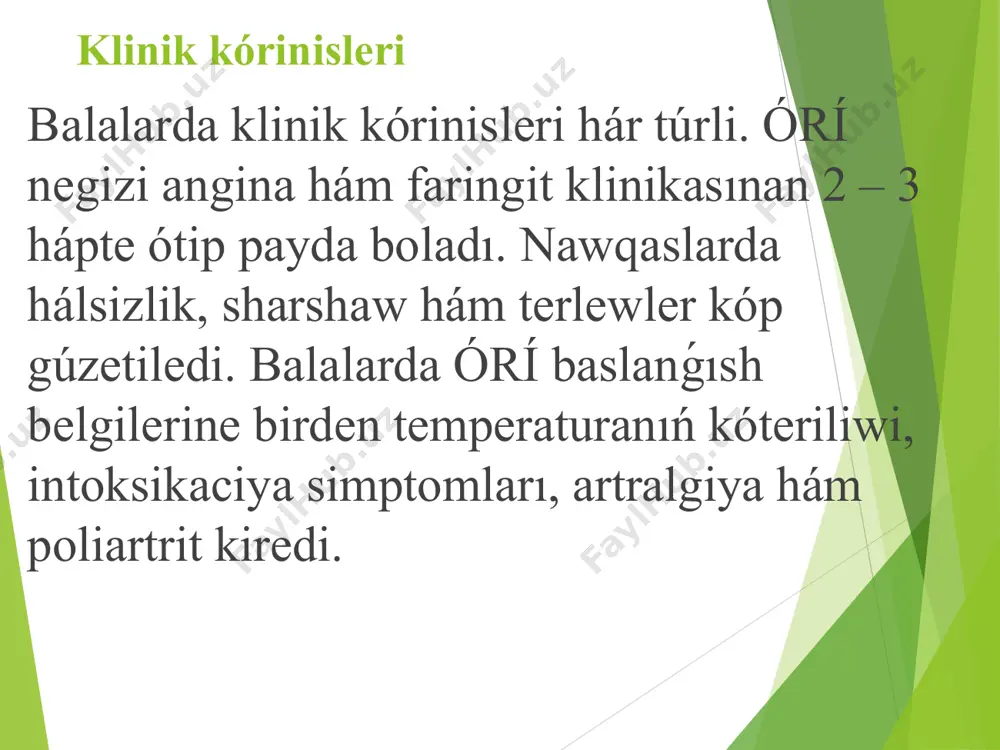 tegislengen yaki shep kókrek jónelislerinde joqarı ushlı bolıwı múmkin  qrs voltajınıń tómenlewi awırlıq haqqında guwalıq fkg da: júrek shoqqısında 1 ton amplitudasınıń kemeyiwi. 3 hám 4 ton amplitudasınıń kóbeyiwi. funkcionallıq sistolik shawqım ( 1 ton menen baylanıslı, orta chastotalı) perikardit perikardit payda bolıwı júrektiń hámme qabatları zıyanlanǵanın bildiredi. klinik tárepten nawqas ulıwma jaǵdayınıń páseyiwi menen baslanadı. arzıları júrek átirapında qattı awrıw, dem qıspa payda bolıwı, arasında qurǵaq jótel baslanadı. kórikten ótkergende nawqastıń májbúriy halatta otırıwı, teri cianozları gúzetiledi. nawqas jaǵdayı perikardit túrine baylanıslı – qurǵaq yamasa ekssudativ. здму kishi xoreyanıń pentadası órí sı bar nawqaslardıń 1–3 % de rawajlanadı. xoreyaǵa tomas sydengam tárepinen suwretlengen pentada simptomları xarakterli: júz, deneniń, ayaq-qol bulshıq etleriniń bir qansha zorlıq háreketleri (giperkinez); bulshıq etlerdiń gipotoniyası, bulshıq etlerdiń hádden zıyat bosasıwına shekem, láńge eliklew menen (psevdoparaliz); stato-koordinacion buzılıwlar (jazıwı hám júriwdiń buzılıwı ); qan tamır distoniyası; psixopatologik hádiyseler (emocional labillik, uyqınıń buzılıwı ). xoreya morfologik …