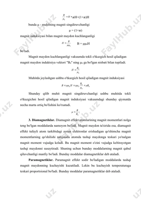 idagi bog’lanishni ko’raylik. magnit-lanishda ferromagnetik ichidagi magnit maydon o dan h ning ma’lum qiymatigacha ortib boradi. ferromagnetikdagi induksiya qiymati-ning o’zgarishi ol chiziq bilan xarakterlanadi. agar h kamaysa, induksiyaning kamayishi lm chiziq bilan ifodalanadi. h=0 bo’lganda ham induksiya noldan farqli bo’ladi. qoldiq magnitlanishni yo’qotish uchun esa oldingisiga teskari yo’nalishda maydon qo’yish kerak bo’ladi. maydon kuchlanganligining b=0 dagi qiymati tutuvchi yoki koersitiv kuch hk deyiladi. maydon o’zgarishi bilan induksiya ham o’zgaradi. hosil bo’lgan chiziqqa gisterezis deyiladi. koersitiv kuchlarning qiymatiga qarab feromagnetiklar yumshoq va qattiq feromagnetiklar bo’ladi. yumshoq feromagnetiklar uchun gisterezis sirtmog’i ingichka va koersitiv kuchlarning qiymati kichik bo’ladi. ularga temir, permallay va boshqalar misol bo’ladi. yumshoq ferromagnetiklardan transformator, generator, elektrodvigatel-larning o’zaklari yasaladi. qattiq ferromagnetiklar uchun gisterezis sirtmog’i keng va koersitiv kuchlarning qiymatlari ham katta bo’ladi. shuni ta’kidlash lozimki, gisterezis sirtmog’ining yuzasi ferromagnetikni magnitlanish uchun barajarish kerak bo’lgan ishni xarakterlaydi. qattiq feromagnetiklarga po’lat va uning qotishmalari kirib, odatda ulardan doimiy magnetiklar tayyorlashadi. feromagnetiklarda …