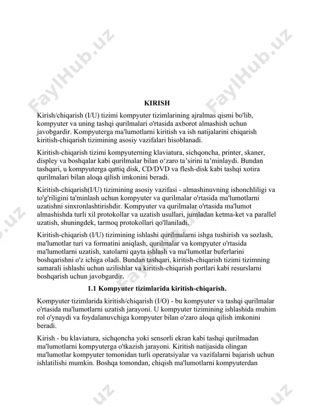 iritish-chiqarish portlari kabi resurslarni boshqarish uchun javobgardir. 1.1 kompyuter tizimlarida kiritish-chiqarish. kompyuter tizimlarida kiritish/chiqarish (i/o) - bu kompyuter va tashqi qurilmalar o'rtasida ma'lumotlarni uzatish jarayoni. u kompyuter tizimining ishlashida muhim rol o'ynaydi va foydalanuvchiga kompyuter bilan o'zaro aloqa qilish imkonini beradi. kirish - bu klaviatura, sichqoncha yoki sensorli ekran kabi tashqi qurilmadan ma'lumotlarni kompyuterga o'tkazish jarayoni. kiritish natijasida olingan ma'lumotlar kompyuter tomonidan turli operatsiyalar va vazifalarni bajarish uchun ishlatilishi mumkin. boshqa tomondan, chiqish ma'lumotlarni kompyuterdan monitor, printer yoki audio tizim kabi tashqi qurilmaga o'tkazish jarayonidir. chiqish monitor ekranida ko'rsatilishi, qog'ozga bosib chiqarilishi yoki audio formatida ijro etilishi mumkin. kiritish/chiqarish tizimini ta'minlash uchun kompyuter tizimlari kirish/chiqarish tizimi deb ataladigan maxsus tizimdan foydalanadi. u apparat va dasturiy qismlardan iborat. kirish-chiqarish tizimining apparati portlar, kabellar, kontrollerlar va drayverlar kabi jismoniy qurilmalarni o'z ichiga oladi. ular kompyuter va tashqi qurilmalar o'rtasida jismoniy aloqani ta'minlaydi va ular o'rtasida ma'lumotlarni uzatish imkonini beradi. boshqa tomondan, kiritish-chiqarish …
