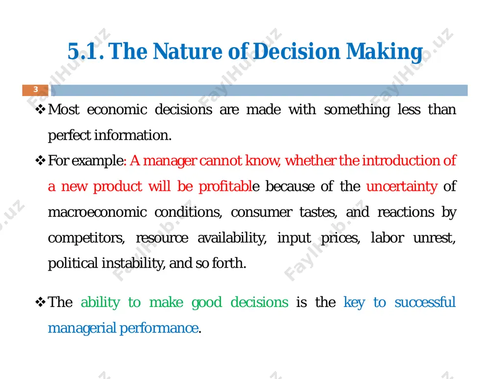 er complete certainty conditions, all relevant information about the decision variables and outcomes is known or assumed to be known. cont….. 13 2) decision making under conditions of uncertainty uncertainty is said to exist when the decision maker does not know the probabilities associated with the possible outcomes, though s/he has been able to identify the possible outcomes and their related pay-offs. since the probabilities are not known, the decision maker cannot use the criterion of maximizing the pay off. this is the most difficult situation for managers. cont….. 14 the manager may be dealing with too many variables, or perhaps there are too many unknown facts. the management is unable to accurately predict the probable results of choosing anyone of the alternatives. reliance on experience, judgment & other people’s experience can assist the manager in assessing the value of the alternatives. no information is available on how likely the …