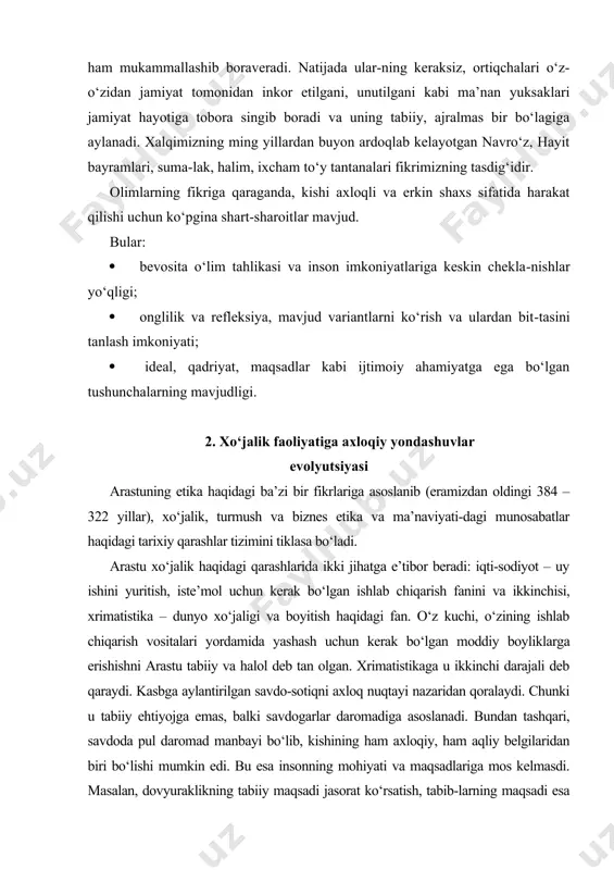 omadiga asoslanadi. bundan tashqari, savdoda pul daromad manbayi bo‘lib, kishining ham axloqiy, ham aqliy belgilaridan biri bo‘lishi mumkin edi. bu esa insonning mohiyati va maqsadlariga mos kelmasdi. masalan, dovyuraklikning tabiiy maqsadi jasorat ko‘rsatish, tabib-larning maqsadi esa bemorlarni davolashdir. ammo ular savdo, pul orttirish uchun yaratilgan emas. agar boylik maqsad qilinib olingan bo‘lsa, unda u faqat sun’iy ma’no kasb etadi. chunki misol sifatida ko‘rsatilgan holatlar bevosita iste’mol qilinmaydi. tarixga nazar tashlasak, rim imperiyasi gullab-yashnagan paytda axloqiy qadriyatlar o‘z ahamiyatini yo‘qotganini ko‘ramiz. imperator bor hokimiyatni o‘z qo‘liga olgan, munitsipial boshqaruv faqat soliq yig‘ish idorasiga aylangan. qullarning ko‘pligi erkin kishilarga savdo va hunarmadchilik bilan shug‘ullanishga halaqit berar edi. individual qobi-liyatni ko‘rsatish va shaxsiy mas’uliyatni yuzaga keltirish uchun shart-sharoit kamayib ketgandi. ana shunday davrda ham axloq-odob qoidalariga ehtiyoj bor edi. axloqiy mezonlar dastlab xristian jamoalarida, ayniqsa, o‘smirlar kafed-ral maktablarida shakllana boshladi. bu maktablarning faoliyati axloqiy ongni o‘stirish bilan bog‘liq bo‘lgan. o‘rta asrlardan boshlab dastlab …