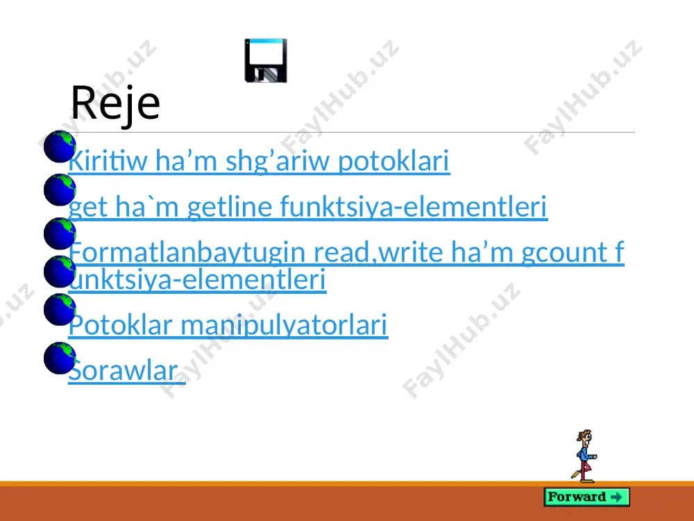 gi razryadinin’ sanin beredi. funktsiya-elementleri with ha’m potok manipulyatori setw bos orindi probel menen toliqtiradi. misal №1 #include "stdafx.h" #include #include using namespace std; int main() { int n; cin>>n; cout #include #include using namespace std; int main() { double n=sqrt(2.0); int i; for (i=0;i #include #include using namespace std; main() { char str[10]; cin>>str; cout.width(10); cout #include #include main() { double n=sqrt(2.0); int i; cout.precision(3); cout<<n<<endl; } na’tiyje 1.414 1.41 1.4142 juwaplar qayta tapsiriw unknown-0.unknown a b c a b c b 1 sorawdin'juwabin qa'te 1 sorawdin'juwabin qa'te belgiledin'iz belgiledin'iz 1 sorawdin'juwabin qa'te 1 sorawdin'juwabin qa'te belgiledin'iz belgiledin'iz 1 sorawdin juwabin du'ris 1 sorawdin juwabin du'ris belgiledin'iz belgiledin'iz