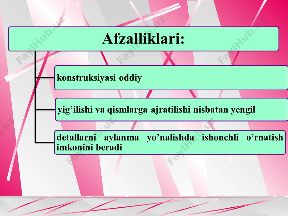 tiladi. ba’zi hollarda stilindrik shponka konussimon shaklda tayyorlanadi. 7-rasm. silindrsimon shponkali birikma va uni hisoblash tarhi silindrsimon shponkali birikma ham ezuvchi kuchlanishga mustahkamlik shartiga tekshiriladi : tangensial shponkali birikmaning mustahkamlik sharti: shponka materiali standart shponkalarning cho‘zilgan mustahkamlik chegarasi σv≥500 mpa bo‘lgan uglerodli va legirlangan po‘lat simdan tayyorlanadi. ruxsat etilgan kuchlanishlarning qiymati ishlatilish sharoiti, val va vtulka materialining mustahkamligi, vtulkani valga o‘tkazish tipiga bog‘liq bo‘ladi. qo‘zg‘almas birikmalar uchun oraliq o‘tkazishlarda [σez]=80 … 150 mpa, tig‘izlik bilan o‘rnatishlarda [σez]=110 … 120 mpa olish tavsiya etiladi. kichik qiymatlar cho‘yan gupchak va yuklanishni keskin o‘zgarish holatlari uchun tavsiya etiladi. bo‘ylama yo‘nalishda qo‘zg‘aluvchan birikmalarda qirilish va yeyilish ruxsat etilgan kuchlanishni sezilarli darajada kamaytiradi. bu holat uchun [σez]=20 … 30 mpa olinadi. muhandislik amaliyotida, talabalarning kurs loyihalarida po‘lat gupchak va ravon yuklanish ta’sir etganda [σez]≤100 mpa olish tavsiya etiladi. [σez] qiymatini yuklanish o‘zgaruvchan bo‘lgan hollarda 20–25% qiymatga, zarbiy yuklanishlarda 40–50% ga kamaytirish tavsiya etiladi. cho‘yan gupchaklar …