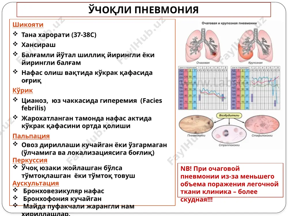 типи альвеоляр (плевропневмоник) тип альвеоляр тўқималарда инфильтрации ривожланганда кузатилади. инфекцион агентлари: пневмококклар (90-95%), фриндлендер таёқчаси, стафилококклар) рентгенологические признаки: инфильтрации сохаси бир хил структурага эга (симптом «воздушной бронхографии») патологик холат асосан ўпкани орқа- пастки сохасида кузатилади (битта ёки иккита сегмент , баьзан бутун сегмент жарохатланиши) ва олдинги-юқори йўналиш бўйича кучайиб бориши) image2.png image3.jpeg image4.png image5.png image6.png image7.png image8.png image9.png image10.png image11.png image12.png image13.png image14.png /docprops/thumbnail.jpeg