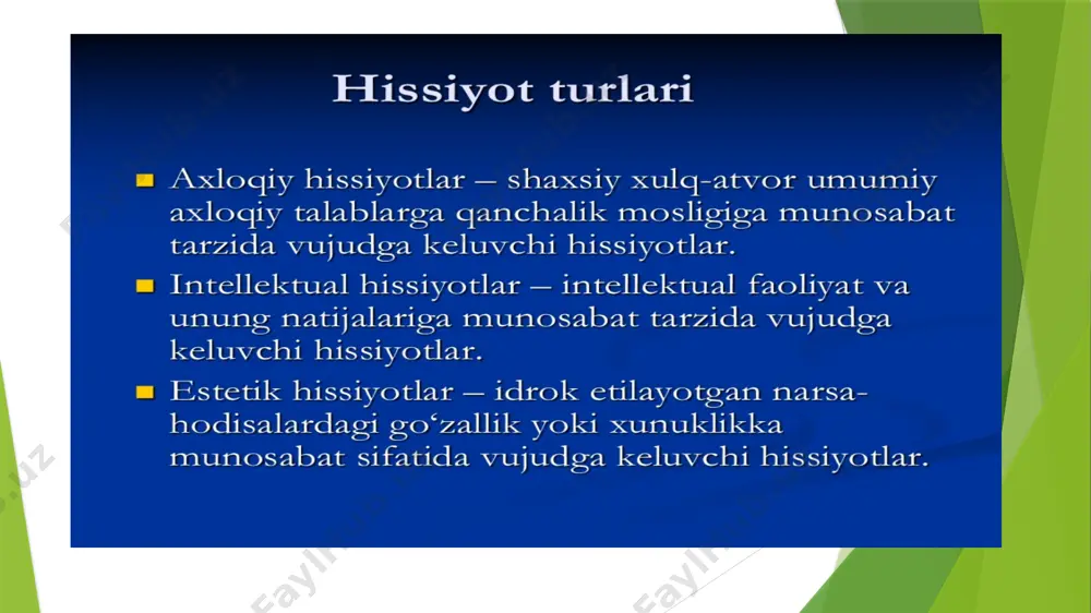 ega bo‘lgan hissiyotlarga quyidagi emotsional holatlar turlarini kiritish mumkin: hissiyot affektlari,kayfiyatlar, ehtiroslar, stresslar, frustratsiyalar, hissiyotlarning emotsional toni, emotsional munosabat. affekt affekt – sub’ekt uchun dolzarb bo‘lgan hayotiy sharoitlarining keskin va kutilmaganda o‘zgarishi bilan bog‘liq ravishda paydo bo‘ladigan va aniq ifodalangan harakatli visseral (ichki organik) namoyon bo‘lish birga kuzatiladigan kuchli va nisbatan qisqa muddatli emotsional holat. affektga misol tariqasida kuchli g‘azab, achchig‘lanish, dahshat, shiddatli quvonch, chuqur qayg‘u, umidsizlik kabilarni keltirish mumkin. affektning eng asosiy xususiyatlaridan biri ushbu emotsional ta’sirlanishning engib bo‘lmas darajada odamga qandaydir faoliyatning bajarish zaruriyatini bog‘lashdan iborat, lekin bunda odamda voqelik hissi yo‘qoladi. emotsional holatning keyingi turi – bu emotsiyalarning o‘zi. emotsiyalar affektlardan davomiyligi bilan farq qiladi. ularning boshqa alohida qirrasi faqat joriy voqealarga emas, balki, taxminiy yoki yodga olinadiganlarga nisbatan ham ta’sirlanish hisoblanadi. emotsional jarayonlarning boshqa xildagi iodalanishi qo‘zg‘alish va tinchlanish hisoblanadi. qo‘zg‘algan emotsional holat, odatda, faol xususiyatga ega bo‘lib, faoliyat yoki unga tayyorgarlik ko‘rish bilan bog‘liq. tinchlanish …