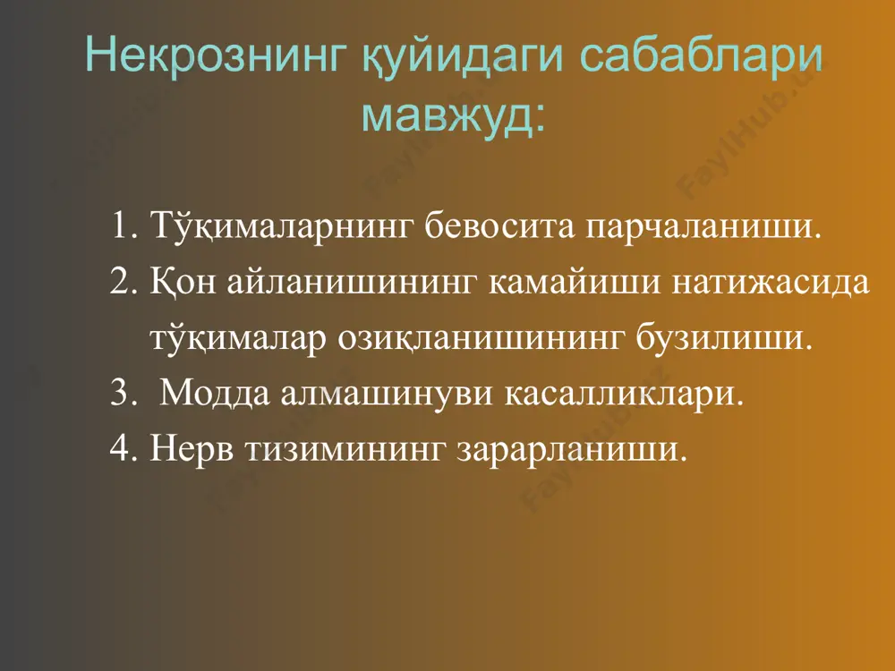 terapevtik muolajalar (uvch, kvarts bilan nurlatish). 4. nekrektomiya. 5. oyoq qo'llarni amputatsiya qilish. ho'l gangrena: ho'l gangrena asosan to'la bemorlarda (polnix, pastoznix bolnix) qon aylanishining o'tkir buzilishi (yirik qon tomirlarining shikastlanishi, emboliya) natijasida uchraydi. ko'pincha jarayonga yiringli yoki chirituvchi infektsiya ko'shiladi. ho'l gangrenaning rivojlanishiga to'qimalar shishi (yurak etishmovchiligida, buyrak kasalliklarida va boshqalarda) dan tashqari qandli diabet ham sabab bo'ladi. ho'l gangrenada oyoq panjasining ko'rinishi qurishga ulgurmagan o'lik to'qimalar mikroblar uchun yaxshigina oziq muxiti bo'lib xizmat qiladi. to'qimalarning chirib (putrid) parchalanishi kuzatiladi. ko'pincha jarayon anaerob infektsiya (gazli gangrena) bilan birga kechadi, parchalanayotgan to'qimalar kulrang yashil rangli, iflos, sassiq hidli massaga aylanadi. to'qimalar parchalanish maxsulotlarining qonga so'rilishi natijasida organizmning og'ir intoksikatsiyasiga sabab bo'ladi. demarkatsion chiziq hosil bo'lmaydi, faqat ba'zangina chegaralangan jarayonlarda granulyatsion val shakllanadi xalos. klinik manzarasi kasallik avj olib borish bilan kechadi. oyoq qo'llar boshida oqish rangga kirib soviy boshlaydi, keyinchalik esa ko'kimtir qizil dog'lar paydo bo'ladi, epidermis ko'chishi natijasida o'tkir …