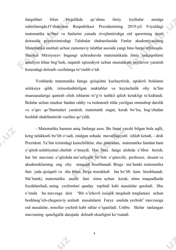 aviy aralash masalalarni furye usulida yechish” tushunchalarini o`rganish va ularga doir misol, masalalarni yechishdan iborat. kurs ishining vazifalari. oliy ta`lim muassasalari uchun dtc, taqvim rejasi, mavzuga oid mavjud adabiyotlar, internet ma`lumotlarini to`plash va taxlil qilish. matematik fizik tenglamalar fanidan bir o’lchovli issiqlik tarqalash tenglamasi uchun boshlang’ich-chegaraviy aralash masalalarni furye usulida yechish va ularga doir masalalar, misollar ishlashdagi kamchiliklarni o`rganib chiqish, kurs ishi yuzasidan olingan nazariy bilimlarni amaliyotda masala va misollarda tadbiq qilib va uning natijalarini taxlil qilish va tegishli xulosalar chiqarish zarur demakdir. kurs ishining tuzilishi. kurs ishi tuzilishiga ko`ra rejasi asosan 4 ga bo`linadi; 1-kirish; 2- asosiy qism; 3- xulosa; 4- foydalanilgan adabiyotlar ro`yxati, hamda ilovadan iborat bo`ldi. davlat taraqqiy topishi uchun avvalombor ilm fan borasida ko`plab yutuqlarga erishmoq demakdir. o’zbekiston respublikasining mustaqilligini mustahkamlash yo’lida yosh avlodni chuqur bilimli, kelajakda yetuk kadrlar qilib yetishtirish uchun hozirgi kunda alohida e’tibor berilmoqda. iqtidorli o’quvchilar bilan ishlash, ularning iqtidorini ro’yobga chiqarish va …