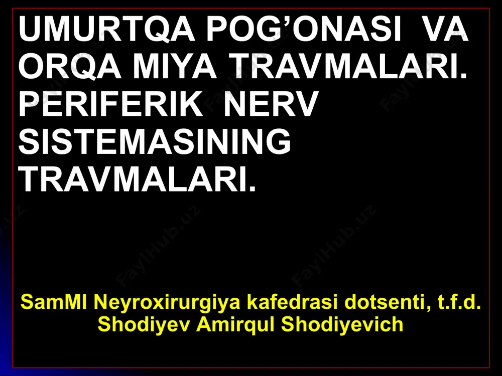 ogik turlari chayqalish lat yeyishi orqa miyaning butunligini qisman yoki to‘liq buzilishi bilan kechuvchi majag‘lanishi gematomieliya epidural, subdural va subaraxnoidal qon quyilishlar travmatik radikulit travmadan keyin orqa miyaning funksional xolatiga qarab quyidagi shikastlanishlar tafovut qilinadi : orqa miya o‘tkazuvchanligining to‘liq buzilishi bilan; orqa miya o‘tkazuvchanligining qisman buzilishi bilan; o‘tkazuvchanlikning buzilishini bo‘lmasligi. orqa miya travmasiga javob tariqasida a’zo va sistemalar faoliyatini buzilishiga qarab quyidagi davrlar farqlanadi: o‘tkir (2-3 kun), erta (2-3 hafta), oraliq ( 2-3 oygacha), kechki ( 3-4 oydan to 2-3 yilgacha). orqa miya shikastlanishining patofiziologiyasi travma tufayli orqa miya reflektor faoliyatining vaqtinchalik so‘nishi –spinal shok kuzatiladi spinal shok rivojlanish mexanizmini tushunishda i.p.pavlov, n.e.vvedenskiy va zamonaviy neyrofiziologiya asoschisi ch.sherringtonlarning ilmiy ishlari muhim rol o‘ynadi. spinal shok spinal shok yuzaga kelishida quyidagi omillarning roli muhim supraspinal impulsatsiyaning yo‘qolishi va neyronlarning passiv giperpolyarizatsiyasining rivojlanishi oqibatida neyronlarning ta’sirlanish reaksiyasi so‘nadi spinal shok tufayli orqa miyaning o‘tkazuvchanligi qisman yoki to‘liq buziladi odatda 2-3 kundan …