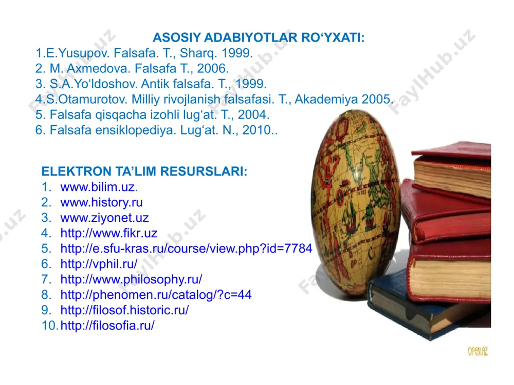akkur va taraqqiyot haqida ta’lim beruvchi universal fan sanaladi. falsafa - olam va uning yashashi, rivojlanishi va taraqqiyoti, hayot va inson, umrning mohiyati, borliq va yo‘qlik kabi ko‘plab muammolar haqida bahs yuritadigan. falsafa– inson, tafakkur, borliq va taraqqiyot, tafakkur va jamiyatning umumiy qonuniyatlari haqidagi fan. falsafa fanining predmeti falsafa fanining predmeti haqida qadimgi davrlardan turli qarashlar va bahslar davom etib keladi. shunday bo‘lsa-da bugungi kunda borliqni va undagi jarayonlarni keng ma’noda o‘rganish falsafaning predmeti sanaladi. ayrim faylasuflar falsafaning predmeti haqida bahs yuritar ekanlar, tafakkur borliq masalalari bilan faqat yuksak tafakkur egalari ya’ni mutafakkirlargina shug‘ullanishi kerakligini uqdirib kelganlar. qolganlar esa bu fan bilan shug‘ullanmasligi, uning o‘rniga biron kasb bilan shug‘ullanishini tavsiya qilganlar. falsafa fanining predmeti haqida qarashlar olamning umumiy qonuniyatlari haqida fan faqat ilmiy aniqliklarga emas, dogmadan holi hamma qarashlar faqat olam emas, olam va odam munosabatlarini o’rganuvchi fan arastu rassel inson inson - inson inson - jamiyat inson - tabiat …