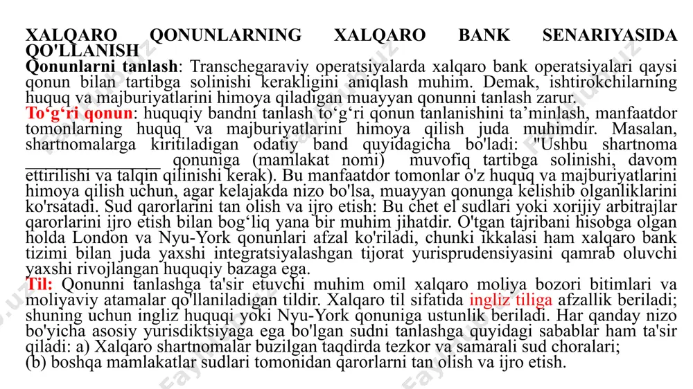 hosilaviy operatsiyalarga kelsak, xalqaro bozor ishtirokchilari uchun muhim masalalardan biri eng katta huquqiy xavfni keltirib chiqaradigan majburiyatlarning bajarilishi hisoblanadi. yuridik xavfni yumshatish uchun xalqaro bank tizimida qo'llaniladigan muhim standartlashtirilgan huquqiy hujjatlardan ba'zilari quyidagilardir: – bosh kelishuvlar (hujjatlashtirish); – xalqaro ayirboshlash va derivativlar assotsiatsiyasining bosh kelishuvi (isda); – xalqaro valyuta optsionlari bo'yicha asosiy kelishuv (icom); – xalqaro valyuta almashinuvi - asosiy kelishuv (ifema) isda master agreement bo’lib - bu har xil hosilaviy bitimlarni qamrab oluvchi keng qamrovli hujjat. xalqaro bank amaliyotini boshqarish xalqaro bank ishi xalqaro moliya sektorining muhim tarkibiy qismlaridan biridir. 1973 yildan boshlab u yangi xususiyatlar va o'lchamlarga ega bo'ldi. davr boshida asosan amerika banklari bo'lgan ishtirokchilar soni sezilarli darajada kengayib, germaniya, buyuk britaniya, yaponiya, frantsiya, italiya va hozirda osiyo banklarining filiallari va sho'ba korxonalarini qamrab oldi. xalqaro bank faoliyatining keng miqyosda kengayishi, ko'proq transchegaraviy operatsiyalarni hisobga olgan holda xalqaro banklar ko'plab muammolarga duch kelishlari kerak. – transchegaraviy xavflar; …