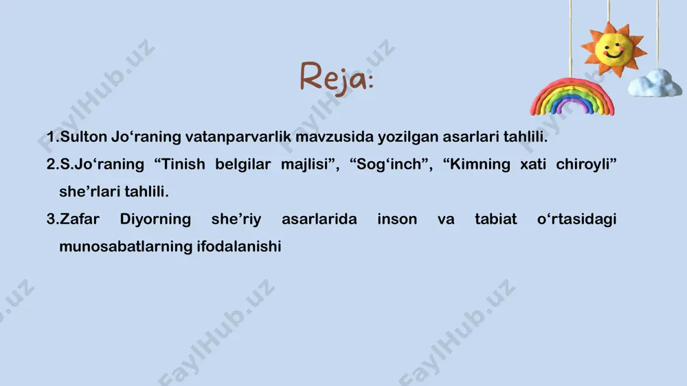 rim, oyning o’zin minib ko’rarsiz. o’shanda-chi, oyijon, bizga, katta toti olib berarsiz. «kimning xati chiroyli?» she’rida bolaning sog‘om, baquvvat bo‘lib kamol topishida, yozuvining go‘zal bo‘lishida partada to‘g‘ri o‘tirish qoidasiga qat’iy rioya qilish katta ahamiyatga ega ekanligini ham uqtirib o‘tadi: o’tirishim to’g’ri, soz, qoidaga juda mos. ko’kragimni men sira, o’tirganim yo’q tirab! chiroyli yoz, yozsang xat! chunki bu ham zo’r san’at... shoir ijodiy faoliyatida «tinish belgilarining majlisi» she’ri katta ahamiyatga ega. she’rda o‘zbek tilining eng muhim qoidalari — tinish belgilarining vazifalari bolalarga mos ravishda, jonlantirish kabi badiiy tasvir vositasi orqali ifoda etiladi. so‘roq belgisi: uqdingizmi? yetadimi? bormi savol? yoki o‘zim so‘rayinmi sizdan savol? vergul: gar undalma gapda kelsa qoq o‘rtada, uning ikki yonboshida men jo’rttaga, «qani endi undalmaxon, qochib boq-chi» — deb bo’lurman yubormayin unga soqchi, gar undalma gap so’ngida kelsa, u choq, undan oldin qo’yilarman, tushun o’rtoq! qo’shtirnoqlar: mana rais: — «vaqt tamom, to’xtangiz!» deb qoldi-ku, mayli, endi yo’q gapimiz. …