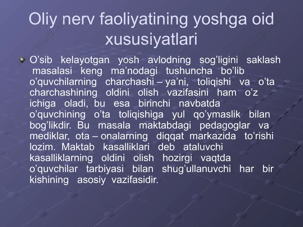 ’quvchilar aqliy mehnat gigiyenasining zarur shartlarini kun tarriblariga rioya qilish. fizkultura va sport bilan shug’ullanish, o’quv va o’qishdan tashqari mashgulotlar uchun sharoit yaratish, bir faoliyatini ikkinchisi bilan almashtirib turish, spirtli ichimliklar ichmaslik, chekmaslik, zararli odatlarga berilmaslik va hokozalarini ongli ravishda bajarishga harakat qilishlari kerak. aqliy faoliyat uzoq vaqt davom etaversa, ularning ish qobilyati asta- sekin pasayib, ish sifati yomonlasha boshlaydi, bajarayoygan ishga nisbatan etibor kamayadi, o’zlashtirish pasayadi, bo’shashadi, mudraydi. bu holat miyaning ish bajarayotgan markazlaridagi nerv hujayralari qo’zg’alish holatidan tormozlanish holatiga o’tganligini, yani ular charchaganini ko’rsatadi. charchash bu tashqi muhit bilan miya po’stlog’idagi nerv hujayralari o’rtasidagi aloqaning vaqtincha uzilishidir. charchash deganda, miya hujayralarining shu bilan birga butun organizmning ishchanlik qobilyati pasayishi tushuniladi. bu fiziologik jarayon bo’lib, tormozlanishning oxirgi pog’onasi hisoblanadi. tormozlanish dastlab bosh miya po’stloq qismiga, so’ngra nerv sistemasining tuban qismlariga tarqalib, organizmni bo’shashtiradi. darsda charchashning birinchi bosqichi aktiv tormozlanishbo’shashi bog’liq . bu harakatlar ozgacha ko’rinishda namoyon bo’ladi. o’quvchilarning o’zlari …