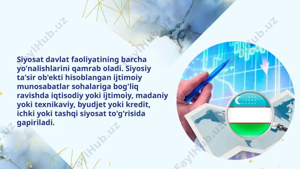 funktsiyani bajaradi: resurslarni taqsimlash: bozorning kamchiliklarini to‘ldirish. iqtisodiy barqarorlikni ta’minlash: inflatsiya, ishsizlik va boshqa makroiqtisodiy muammolarni hal qilish. daromadlarni qayta taqsimlash: tovar va xizmatlar, shuningdek, daromadlarni tengsiz taqsimlanishini kamaytirish. asosiy vositalar: soliq tizimi: progressiv soliqlar orqali boylarning daromadlari ko‘proq soliqqa to rtiladi. ijtimoiy transferlar: nafaqalar, ijtimoiy sug‘urta va boshqa yordam dasturlari orqali aholining zaif qatlamlariga moliyaviy yordam beriladi. davlat dasturlari: sog‘liqni saqlash, ta’lim va uy-joy dasturlari orqali barcha qatlamlarga teng imkoniyatlar yaratiladi. qayta taqsimlash siyosatining asosiy mexanizmlari daromadlarni qayta taqsimlash quyidagi mexanizmlar orqali amalga oshiriladi: soliq siyosati: progressiv soliqlar: daromadi yuqori bo‘lganlar ko‘proq, past bo‘lganlar esa kamroq soliq to‘laydi. qo‘shimcha soliq mexanizmlari: meros, mulk yoki kapital foydasi soliqlari orqali daromadlarni qayta taqsimlash. ijtimoiy yordam dasturlari: transfer to‘lovlari: nafaqalar, bolalar uchun nafaqa, ijtimoiy sug‘urta. subsidiya dasturlari: energiya, oziq-ovqat va boshqa asosiy ehtiyojlarni arzonlashtirish. davlat xarajatlari: ta’lim va sog‘liqni saqlash sohalariga investitsiyalar. kambag‘allikni kamaytirishga qaratilgan dasturlar. daromadlarni qayta taqsimlash siyosatining turlari progressiv …