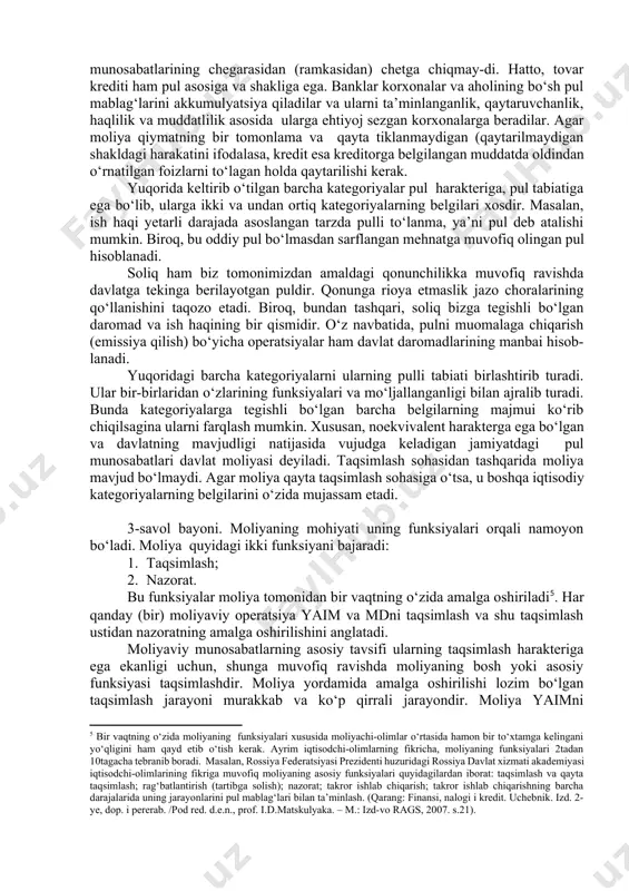 a’minlash hamda davlatning funksiyalari va vazifalarini bajarish maqsadida markazlashtirilgan va markazlashtirilmagan pul mablag‘lari fondlarini shakllantirish, taqsimlash va foydalanish bilan bog‘liq bo‘lgan iqtisodiy (moliyaviy) munosabatlarga moliya deyiladi. 2-savol bayoni. moliya bazis kategoriyasi hisoblansa-da, ko‘p jihatdan u hukumat tomonidan amalga oshiriladigan (yurgiziladigan, hayotga tatbiq etiladigan) moliyaviy siyosatga ham bog‘liq bo‘ladi. moliya – bu, eng avvalo, taqsimlash kategoriyasi. uning yordamida mdni ikkilamchi taqsimlanishi yoki qayta taqsimlanishi amalga oshiriladi. moliyaviy munosabatlarning ijtimoiy-iqtisodiy mohi-yati “davlat kimning hisobidan moliyaviy resurslarni oladi va kimlarning manfaatlari uchun bu mablag‘lardan foydalanadi?” degan savolning tadqiq qilinishi orqali namoyon bo‘ladi. taqsimlash jarayonlari faqatgina moliya orqali emas, balki boshqa iqtisodiy kategoriyalar, jumladan baho, kredit, soliq va h.k.lar orqali ham amalga oshiriladi. tovar qiymatining pulda ifodalanishiga baho deyiladi. mdning taqsimlanishidan oldin tovar realizatsiya qilinishi kerak. baho mulkdorlarga mahsulot realizatsiyasidan kelib tushishi mumkin bo‘lgan pul mablag‘larining o‘lchamini aniqlaydi va navbatdagi taqsimlash jarayonlari uchun boshlang‘ich asos sifatida maydonga chiqadi. baho tovarlarga bo‘lgan talab va taklifni …