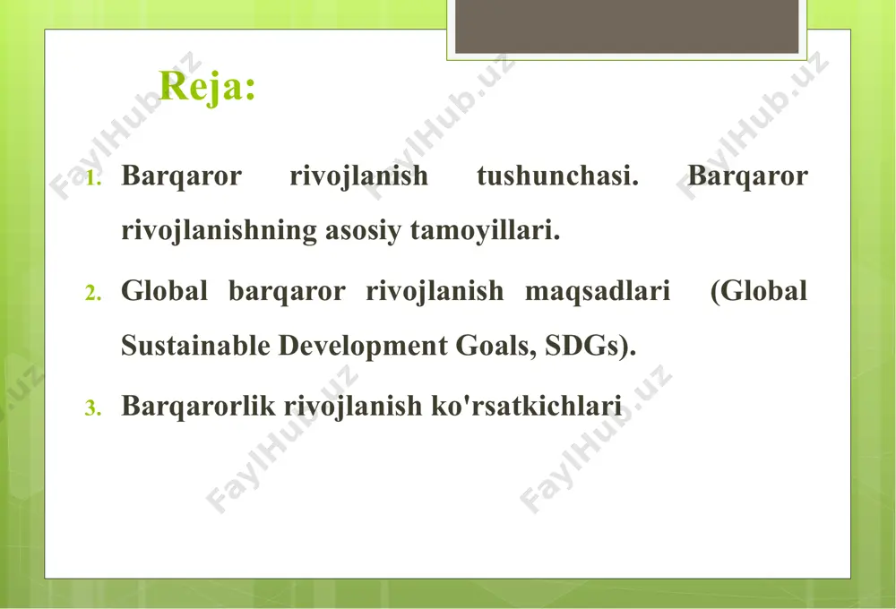 nishni ta'minlashga qaratilgan barqaror rivojlanish maqsadlari dasturi 17 ta global maqsadlarni va ular bilan bog‘liq 169 ta vazifalarni o'z tarkjbiga oladi: global maqsadlar qashshoqlikni yo‘qotish arzon va toza energiya ochlikni tugatish sog‘lik va farovonlik gender tengligi toza suv va sanitariya munosib ish o‘rinlarini yaratish va iqtisodiy o‘sish barqaror rivojlanish maqsadlari dasturi 17 ta global maqsadlarni va ular bilan bog‘liq 169 ta vazifalarni o'z tarkjbiga oladi: global maqsadlar sanoatlashtirish, innovatsiyalar, infratuzilma mas’uliyatli iste’mol va ishlab chiqarish sifatli ta’lim tengsizlikni kamaytirish iqlim o‘zgarishiga qarshi kurashish barqaror shaharlar va qulay yashash joylarini yaratish barqaror rivojlanish maqsadlari dasturi 17 ta global maqsadlari global maqsadlar quruqlikdagi ekotizimlarni asrash barqaror rivojlanish yo‘lida hamkorlik tinchlik, adolat va samarali boshqaruv dengiz ekotizimlarini asrash qashshoqlikni yo‘qotish: qashshoqlikning barcha ko'rinishlarida hamma joyda tugatish. ochlikni tugatish: oziq-ovqat xavfsizligini ta'minlash, ovqatlanishni darajasini oshirish va qishloq xo'jaligini yaxshilash. sog‘lik va farovonlik: har bir yoshdagi har bir kishi uchun salomatlik va farovonlikni ta'minlash. sifatli …
