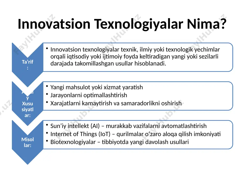 tuzish. hamkorlikni kengaytirish: universitetlar, davlat va xususiy sektor bilan hamkorlik qilish. yuridik himoya: patent olish va litsenziya jarayonlarini samarali boshqarish. texnologiya transferining afzalliklari va cheklovlarini hisobga olish orqali tashkilotlar samarali innovatsion rivojlanishga erishishlari mumkin. kelajakdagi yo‘nalishlar: texnologiya ekotizimlarini rivojlantirish: innovatsion klasterlar va texnoparklarni tashkil qilish. raqamli texnologiyalar: sun’iy intellekt va iot texnologiyalaridan keng foydalanish. barqaror texnologiyalar: ekologik barqaror texnologiyalarga e’tibor qaratish. texnologiya transferini yanada rivojlantirish orqali jamiyat va iqtisodiyot uchun yangi imkoniyatlar yaratilishi mumkin. xulosa. texnologiya transferi zamonaviy iqtisodiyotning muhim qismi bo‘lib, innovatsiyalarni amaliyotga tatbiq etish orqali iqtisodiy va texnologik taraqqiyotga xizmat qiladi. tashkilotlar texnologiya transferini samarali boshqarish orqali raqobatbardoshlikni oshirishlari, yangi bozorlarga kirishlari va ilmiy yutuqlardan tijorat foyda olishlari mumkin. foydalanilgan adabiyotlar. qodirov, s. (2018). innovatsion boshqaruv asoslari. toshkent: fan nashriyoti. rasulov, b. (2020). texnologiya transferi va innovatsiyalarni tijoratlashtirish. samarqand: innovatsiya markazi. karimov, n. (2019). raqamli texnologiyalar davrida iqtisodiyot. buxoro: ilm va taraqqiyot. abdullayev, a. (2021). ilmiy ishlanmalar va …