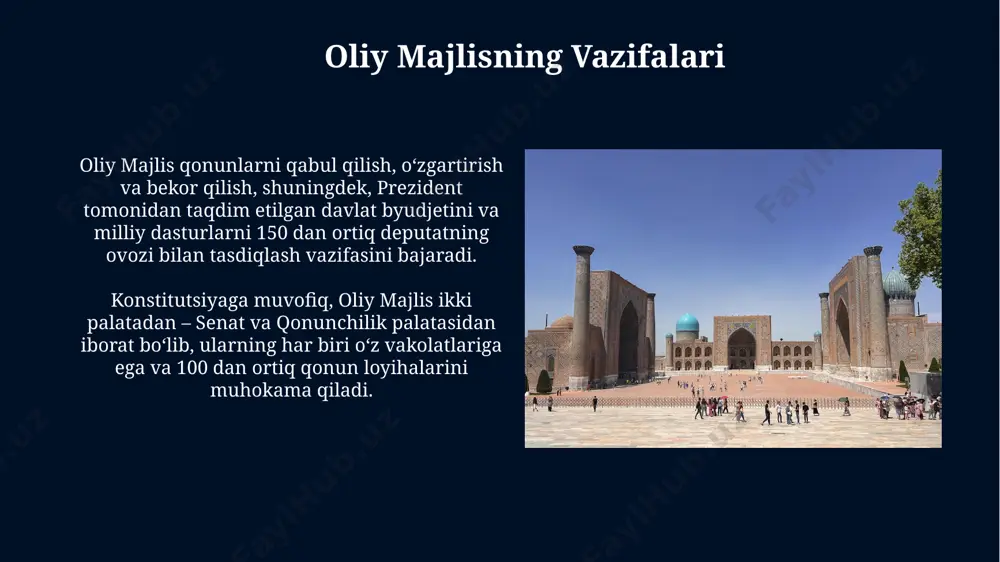 gan 100 dan ziyod o‘zgartish va qo‘shimchalar, shu jumladan, inson huquqlari va erkinliklarini himoya qilishga oid moddalar oliy majlis tomonidan ko‘rib chiqilgan. oliy majlis 1992-yildan buyon 200 dan ortiq muhim qonunlarni qabul qilib, mamlakat konstitutsiyaviy tuzumini mustahkamlashga hissa qo‘shgan. qonun chiqaruvchi xokimiyat qonunchilik palatasi 150 deputatdan iborat bo'lib, ularning yarmi saylovlarda, yarmi esa siyosiy partiyalar ro'yxatlaridan saylanadi, bu parlamentning ko'p partiyali tuzilmasini aks ettiradi. davlat byudjeti va soliq siyosati, shuningdek, boshqa muhim davlat masalalari bo'yicha qonunlarni qabul qilishda qonunchilik palatasi oliy majlisning senati bilan hamkorlik qiladi, ikki palatali tizim samarali ishlashini ta'minlaydi. e'tiboringiz uchun rahmat @taqdimot_robot image5.jpg image6.jpg image7.jpg image8.jpg image9.jpg image10.jpg image11.jpg image12.jpg image13.jpg image14.jpg image15.jpg image16.jpg image1.jpg