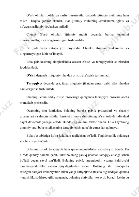 a jiddiy ziddiyat yuzaga keladi. bola ana shu ziddiyatni, ana shu qarama-qarshilikni hal etish jarayonida psixik jihatdan taraqqiy etadi. m: bog’cha yoshidagi bolalarning tili endi chiqayotgani bo’ladi. ular so’zlarni to’g’ri talaffuz eta olmaydi. shu sababli bu yoshdagi bolalarning tilini hamma ham bemalol tushuna olmaydi. lekin bolaning mustaqil yura olishi, o’zgalarning nutqiga tushunishi, unda brshqalar bilan faolroq munosabatda bo’lishi ehtiyojini sezadi. biroq bolaning hozirgi taraqqiyot darajasi imkoniyatlari ya’ni o’z zonisining nihoyatda ozligi, talaffuzda qiynalishi, atrofdaglar bilan faolroq munosabatda bo’lish ehtiyojini qonira olmaydi. bolaning eski xulq-atvor formalari bilan yangi hatti-harakatlari, yangi tashabbuslari o’rtasidagi qarama-qarshilik, m: bolaning kichiklik davridagi asosiy faoliyati kattalarga taqlid qilishdan iborat bo’ladi. taqlidiy harakatlarda mustaqillik, tashabbuskorlik diyarli bo’lmaydi. bola o’sib ulg’aygan sari o’z shaxsiy tajribasi, mustaqilligi tashabbusi ortib boradi. bola mustaqil harakat ya’ni har narsani o’zi bilishicha qilishga intila boshlaydi. bunda bolaning ko’pdan beri o’rganib qolgan taqlidiy harakatlari bilan mustaqil va tashabbuskorona harakatlari o’rtasida qarama-qarshilik yuzaga keladi. bu qarama-qarshilikni …