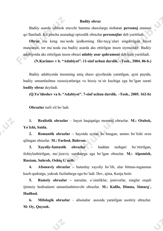 voqealar zanjirida bir-ikki o`rindagina qatnashib, keyin tushib qoladigan obrazlar. m.: mashhoq, rahmat, ziyo shohichi. 11. tragik obrazlar – fojialardagi obrazlar, ular haqiqatan tarixiy shaxs, qadimgi afsona, rivoyat, ikoyalarda tasvirlangan qahramon yoki muallif badiiy tafakkurining mahsuli sifatidagi to`qima obraz ham bo`lishi mumkin. tragik obraz zamirida hayot haqiqatiga asoslangan badiiy haqiqat yotadi, ular keskin, beayov, murosasiz kurashni boshdan kechiradilar. m.: edip, lir, romeo, otella, dizdemona, qo’chqor, temir xotin. prototip prototip (yun. “ilk”, “dastlabki nuqta”, “nishona”) badiiy umumlashtirilgan obraz, tip yaratishga asos, manba bo`lgan, hayoti va xarakteri yozuvchi tomonidan asar qahramoni to`g`risida mujassamlashtirilgan haotdagi kishi, aniq shaxs. xarakter xarakter (yun. “xususiyat, belgi) obrazning mukammallashgan ko`rinishi, turli xususiyatlari aniq ko`rinib turgan, yakka xususiyatlari kashf etilgan shaklidir. xarakter qahramonning muhim xususiyatlarini aniqlaydigan asosiy belgilar majmui hisoblanadi. adabiy qahramonga mansub ichki fe’l-atvor, fazilatlar, xususiyatlar birligi qahramonning fikrlash tarzi, tabiati, his-tuyg`ularining ma`naviy-axloqiy belgilarning namoyon bo`lishidagi o`ziga xosliklar; badiiy asarda harakat qiluvchi kishining, personajning individualligini ifodalovchi shaxs o`zligi …