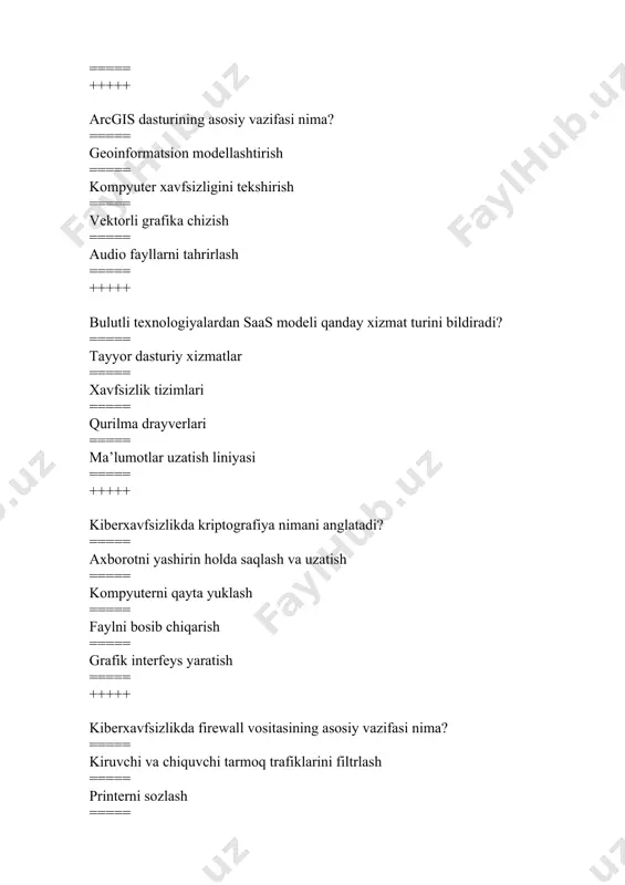 ismi nima natija chiqaradi int i, s=1; for ( i = 1; i 10) a = a / 10; cout 100) a = a / 10; cout 1) a = a / 10; cout > (ifod; ===== cout ==== include ==== include ==== include +++++ mathcad dasturida n:1,5..10 sonlar ketma-ketligi berilgan. ushbu ketma ketlikning oxirgi elementini toping ==== 9 ==== 8 ==== 5 ==== 3 +++++ axborotni to‘plash, saqlash, izlash, unga ishlov berish va uni tarqatish uchun foydalaniladigan jami uslublar, qurilmalar, usullar va jarayonlari bu - ? ==== axborot texnologiyasi ==== axborot resursi ==== axborot tizim ==== axborotlashtirish +++++ identifikator nima? ==== katta va kichik lotin harflaridan, raqamlar va tag chiziq( ‘ _ ’ ) belgilaridan tashkil topgan va raqamdan boshlanmaydigan belgilar ketma -ketligi ==== katta va kichik lotin harflaridan, raqamlar va tag chiziq( ‘ _ ’ ) belgilaridan tashkil topgan va faqat raqamdan boshlanuvchi gan belgilar ketma -ketligi ==== …