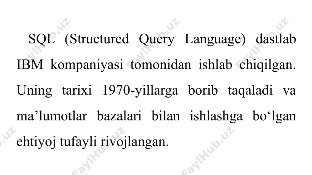 tugilgan_sanasi, jinsi, lavozimi, oylik_maoshi) values ("abdusamatov", "abror", "11.05.1987", "erkak", "ishchi", 7100000); select * from ishchilar; jadvalga qo‘shimcha ustun qo‘shish alter table ishchilar add oshirilgan_oylik_maoshi decimal; jadvaldagi ma’lumotlarni tahrirlash ya’ni oylik maoshni 7%ga oshirish update ishchilar set oshirilgan_oylik_maoshi = oylik_maoshi * 1.07; daromad solig‘ini hisoblash va uni ayirib tashlash alter table ishchilar add daromad_soliq decimal; update ishchilar set daromad_soliq = oshirilgan_oylik_maoshi * 0.13; alter table ishchilar add sof_oylik_maosh decimal; update ishchilar set sof_oylik_maosh = oshirilgan_oylik_maoshi - daromad_soliq; umumiy hisoblangan oylik maosh select sum(oshirilgan_oylik_maoshi), sum(sof_oylik_maosh), sum(daromad_soliq) from ishchilar; o‘rtacha oylik maosh select avg(oshirilgan_oylik_maoshi), avg(sof_oylik_maosh), avg(daromad_soliq) from ishchilar; eng yuqori oylik maoshini oladigan ishchi xodimini aniqlash select id, familiyasi, ismi, max(oshirilgan_oylik_maoshi) from ishchilar; eng yuqori oylik maoshini oladigan ishchi xodimini aniqlash select id, familiyasi, ismi, min(oshirilgan_oylik_maoshi) from ishchilar; oylik maoshi 3 mlndan ko‘p va 10 mlndan kam oladigan ishchilarni aniqlash select id, familiyasi, ismi, oshirilgan_oylik_maoshi from ishchilar where oshirilgan_oylik_maoshi > 3000000 and oshirilgan_oylik_maoshi …