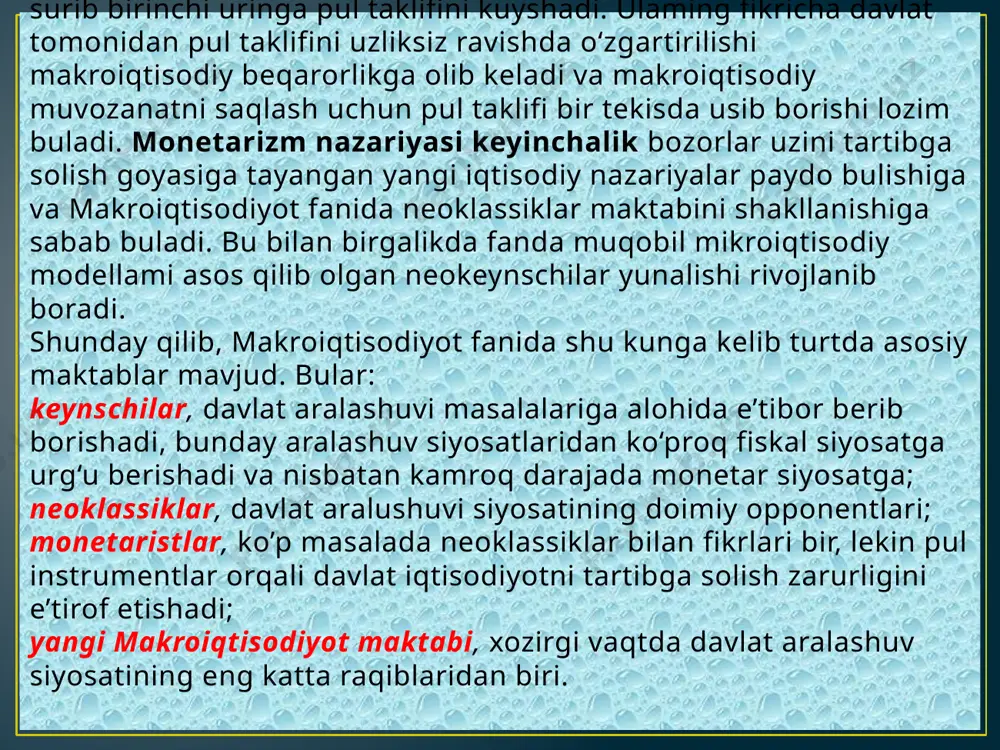 riyasi asosida ikkita asosiy tushuncha mavjud. birinchidan, to‘liq bandlik sharoitida mahsulotlarni sotib olish uchun xarajatlar miqdorining (y = s+i+g+xn) yetishmasligi (ya’ni, ad as bo‘lishi) mumkin emas. ikkinchidan, umumiy xarajatlar miqdori yetishmay qolgan sharoitda ham baho, ish haqi va foiz stavkasi kabi dastaklar ishga tushadi va natijada xarajatlar miqdorining kamayishi ishlab chiqarishning real xajmi, bandlik va real daromadlar miqdorining kamayishiga olib kelmaydi. pul bozori investitsiya va jamg‘armalar tengligini hamda to‘liq bandlik sharoitini ta’minlaydi. faqatgina, ishsizlikning tabiiy darajasida «ixtiyoriy» ishsizlik bo‘lishi mumkin, deb hisoblashadi. bu shuni bildiradiki, ad va as ning muvozanat nuqtasida ishlab chiqarish hajmi (y) uning potensial hajmiga (y*) teng. klassik iqtisodchilar jamg‘arish talabning yetishmasligiga olib kelmaydi, chunki har bir jamg‘arilgan so‘m tadbirkorlar tomonidan investitsiyalanadi, deb ta’kidlashadi. agarda, tadbirkorlar uy xo‘jaliklarining jamg‘armalari miqdorida investitsiya qilishsa, ishlab chikarish hamda bandlik darajalari doimiy bo‘lib qoladi. klassik iqtisodchilar ta’kidlashlaricha, kapitalizmning o‘ziga xos pul bozori mavjud va bu bozor jamg‘arma va investasiyalarning tengligini ta’minlaydi. …
