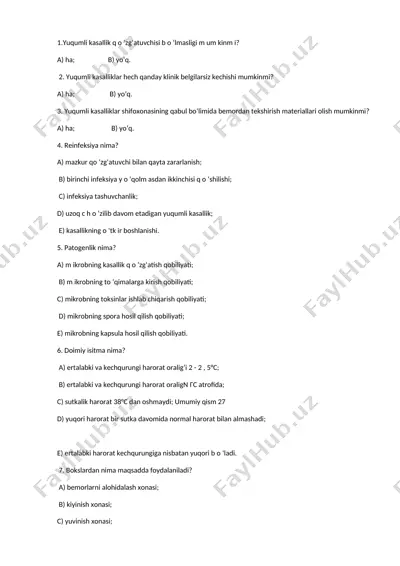 yuqumli kasalliklar haqida test savollar to‘plami — DOCX