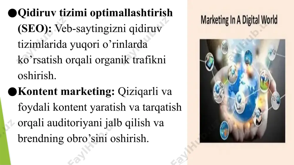 sh va marketing kampaniyalarining samaradorligini yaxshilash uchun foydalaniladi. 15 2. metaverse va virtual olamlarning ko’payishi: brendlar uchun yangi imkoniyatlar: metaverse va virtual olamlar brendlar uchun o’z auditoriyalari bilan o’zaro munosabatda bo’lish, virtual mahsulotlarni sotish va immersive tajribalar yaratish uchun yangi imkoniyatlar yaratadi. reklama va marketingning yangi shakllari: virtual olamlarda reklamalar, brendlar va kontent taqdim etishning yangi usullari ishlab chiqiladi. 16 3.ovozli qidiruv va ovozli marketingning o’sishi: voice assistantlar bilan o’zaro aloqa: ovozli assistantlar, masalan, siri, google assistant, alexa, marketing faoliyatida muhim rol o’ynaydi. ovozli qidiruv uchun optimallashtirish: veb-saytlar va kontent ovozli qidiruvlar uchun optimallashtiriladi. ovozli reklamalar: ovozli reklamalar va ovozli kontentga talab ortadi. 17 4. katta ma’lumotlar (big data) va axborot tahlilining kuchayishi: ma’lumotlarni yig’ish va tahlil qilishning kengayishi: mijozlar haqidagi katta hajmdagi ma’lumotlarni yig’ish, tahlil qilish va marketing qarorlarini qabul qilish uchun foydalanish muhim bo’ladi. ma’lumotlarga asoslangan qarorlar: marketing strategiyalari va kampaniyalari ma’lumotlar tahliliga asoslanadi. 18 5. mijoz tajribasiga …