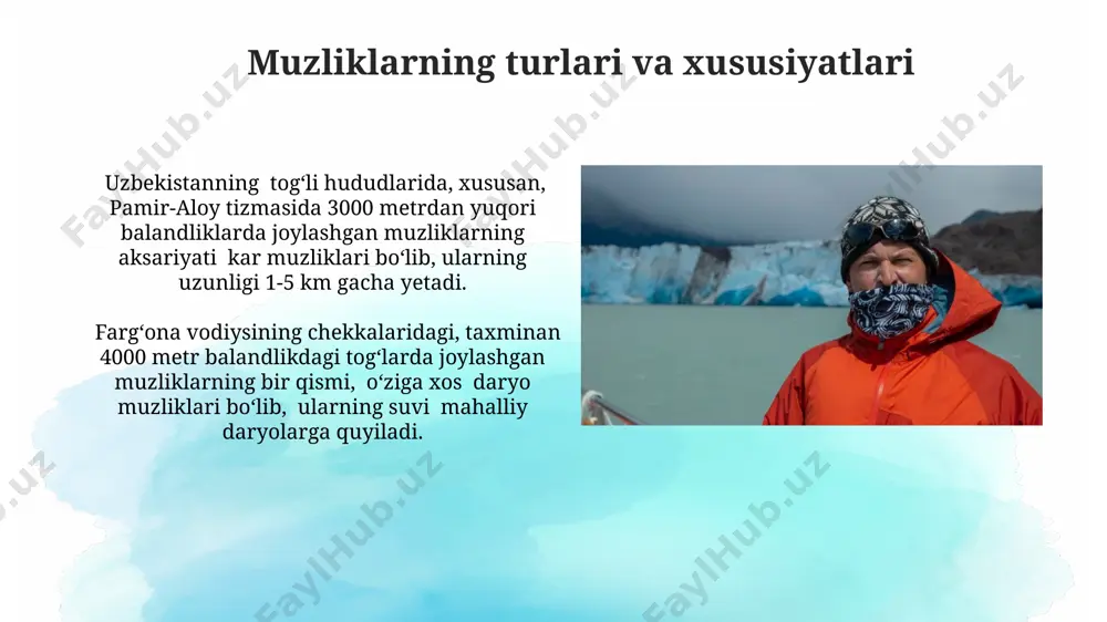 satuvchi tadqiqotlar mavjud. davlat dasturlari va xalqaro hamkorlik тошкентдаги гидрометеорология институти ҳамда жаҳон банки билан ҳамкорликда 10 йил ичида музликларнинг эриши суръати ва унинг оқибатларини баҳолашга қаратилган махсус дастур ишлаб чиқилмоқда. ферғона водийсидаги музликларнинг сув ресурсларини бошқариш бўйича 20 млн. ақш доллари миқдоридаги грант маблағлари жалб қилиниб, сув тежовчи технологияларни жорий этишга йўналтирилган. suv ta'minoti va qishloq xo'jaligi fargʻona vodiysidagi paxta va boshqa qishloq xoʻjaligi ekinlarining sugʻorishda 30% dan ortiq suv ehtiyojini muzliklardan oqib tushadigan daryolar qondiradi, bu yerlarning unumdorligini ta'minlaydi. amu-daryo havzasidagi 15% dan ortiq suv ta'minoti muzliklardan kelib chiqadi, bu esa surxondaryo va qashqadaryo viloyatlaridagi dehqonchilikning barqaror rivojlanishiga hissa qo'shadi. muzliklarni muhofaza qilish choralari oʻzbekistonning togʻli hududlarida, xususan, pamir-oloy va tian-shan togʻ tizmalaridagi muzliklarni muhofaza qilish uchun 2030-yilgacha 50 ta yangi monitoring stansiyasi oʻrnatish rejalashtirilgan. amu-daryo havzasidagi muzliklarni saqlashga qaratilgan dasturlar doirasida, 2024-yilga qadar 15 ming gektar oʻrmon maydonini tiklash va 5 ming gektar yangi oʻrmonzorlar yaratish koʻzda …