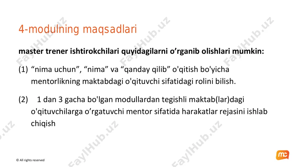 liplari namoyish etiladi. akt asosidagi mentorlik usuli, mentorlik pozitsiyasining qaysi biri tanlanganini muhokama qiling, ya’ni : i instruktiv, c hamkorlikda , f chorlovchi (1) va (2) videoning qaysi birida ishlatildi? dalil keltiring. sinf bilan birga foydalanishga tayyor bo'ling. (1) boshlang'ich o'qituvchi (bo) (2) tajribali o'qituvchi (to) ©️ marshall cavendish education 1- mentorlik suhbati video transkripti 1 ©️ marshall cavendish education 2- mentorlik suhbati video transkript 2 ©️ marshall cavendish education 1100-1115 guruh faoliyati 1 (20 daqiqa) ikki o'qituvchi bilan maslahatchi suhbatlar olib boradigan o'qituvchining ikkita video vinyetkasi ko'rsatiladi. akt asosida mentorlik usuli, mentorlik pozitsiyasining qaysi biri tanlanganini muhokama qiling, xususan : i instruktiv, c hamkorlikda , f chorlovchi (1) va (2) videoning qaysi birida ishlatildi? sababingizni ayting. sinf bilan baham ko'rishga tayyor bo'ling. (1) boshlang'ich o'qituvchi (bo) (2) tajribali o'qituvchi (to) ©️ marshall cavendish education 1100-1115 guruh faoliyatini muhokama qilish 1 (1) instruktiv mentorlik (2) hamkorlikdagi mentorlik (1) boshlang'ich o'qituvchi …