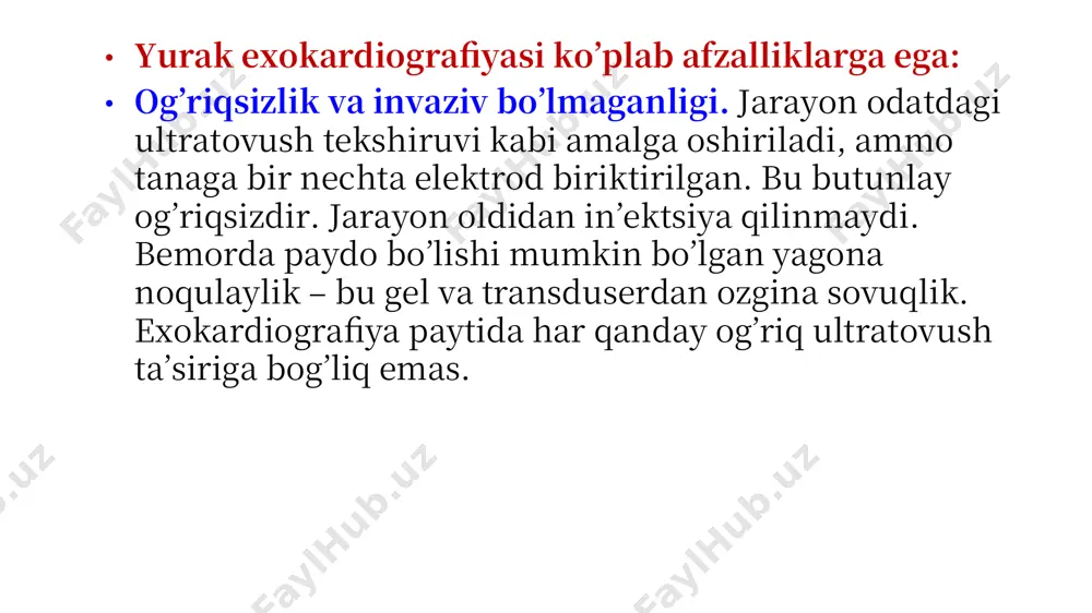 ajasi; mkb - mitral qopqoq tugunlari uchlari darajasi; pm - papiller mushaklar darajasi; top - papiller sichqonlar asosining orqasidagi tepalik darajasi m rejimi m-rejimli yurak ultratovush tekshiruvi birinchi ekokardiyografik usullardan biri bo'lib, u ikki o'lchovli tasvirni olish uchun ishlatilishi mumkin bo'lgan asboblar yaratilishidan oldin ham qo'llanilgan. hozirgi vaqtda b- va m-rejimlarida bir vaqtning o'zida ishlay oladigan sensorlar ishlab chiqarilmoqda. m-rejimini olish uchun ultratovush nurining o'tishini aks ettiruvchi kursor ikki o'lchovli ekokardiyografik tasvirga qo'yiladi m-rejimida ishlaganda, ultratovush nurlari o'tadigan biologik ob'ektning har bir nuqtasi harakatining grafigi olinadi. shunday qilib, agar kursor aorta ildizi darajasida o'tsa, unda birinchi navbatda oldingi ko'krak devoridan to'g'ri chiziq shaklida aks-sado javobi, so'ngra old devorning harakatlarini aks ettiruvchi to'lqinli chiziq shaklida qabul qilinadi. yurak me'da osti bezi, so'ngra aorta ildizining oldingi devorining harakati, uning orqasida aorta qopqog'i varaqlarining (ko'pincha ikkita) harakatini aks ettiruvchi nozik chiziqlar ko'rinadi, orqa devorining harakatini aks ettiradi. zamonaviy ultratovush asboblari yordamida tadqiqot o'tkazishga …