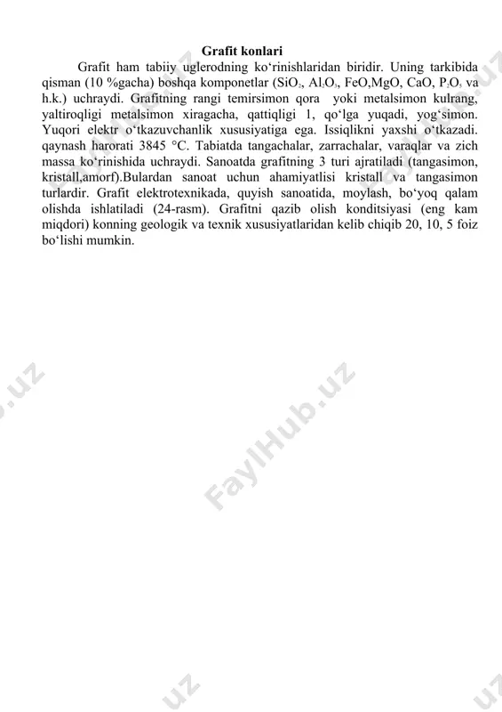 ngkattaligi (yuzasi) bilan o‘lchanadi, ya’ni m2 da. sanoat uchun yaroqli slyudalar yuzasi 4 m2 dan 100 m2 gacha bo‘ladi. slyudalarning konlari asosan pegmatit konlardir. tog‘ jinslari orasida joylashgan pegmatit tomirlarining qalinligi 1 sm dan 100 m gacha va yo‘nalishi 1km gacha bo‘ladi. bu tomirlar asosan muskovit, dala bilan va kvarsdan tashkil topadi. pegmatit tomirlar uchun yirik kristallik xos. muskovitning miqdori 1–2 %, tozalangan miqdori 5–15 foiz. flogopit mineral konlari pnevmatolit jarayonda hosil bo‘ladi. bunda yer qa’ridan ko‘tarilgan issiq magma yon atrofdagi ohaktosh, dolomit kabi jinslar bilan reaksiyaga kirishib, flogopit hosil bo‘ladi. flogopit ma’dan tanasi tomirsimon ko‘rinishda bo‘lib, undagi kristallarning o‘lchamlari 1–1,5 m ga boradi. flogopitning miqdori o‘rta cha 2–20 %gacha. toza flogopitning chiqishi o‘rtacha 8 %. flogopit zaxirasi bo‘yicha dunyoda rossiya birinchi o‘rinda turadi. qazib olib sotish bo‘yicha hindiston birinchi o‘rinda turadi.slyudalarning yirik konlari rossiyada (mamsk-chuy, yenskoye), hindistonda, braziliyada, jar va avstraliyada uchraydi. 25-rasm. slyudalar guruhiga kiruvchi minerallar. 26-rasm. slyudalarning …
