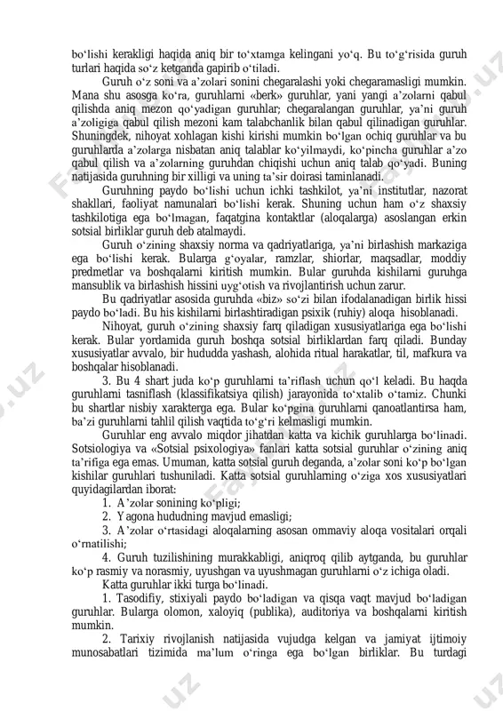 miy tarzda boshvariladi va tartibga solinadi. kichik sotsial guruhlarga oila, psixologiya bo‘limi talabalari, kichik korxonalar, kichik qishlohlar, do‘stlar guruhini misol qilish mumkin. a’zolar o‘rtasidagi munosabatlarning xarakteriga ko‘ra sotsial guruhlar birlamchi va ikkilamchi guruhlarga bo‘linadi. sotsial guruhlarni bu turlarga ajratish birinchi bo‘lib ch.kuli tomonidan amalga oshirilgan. birlamchi guruhlar deganda munosabatning yaqinligiga qarab, ya’ni qon-qarindoshlik, sevgi, simpatiya, asosida tuzilgan sotsial guruhlar nazarda tutiladi. bunday guruhlarga oila, do‘stlar, qorindosh-urug‘lar, sinfdoshlar misol bo‘la oladi. birlamchi guruhlarda kishilarning dastlabki sotsializatsiyasi amalga oshadi. mana shu jihatdan birlamchi sotsial guruhlar inson uchun muhim ahamiyatga ega. ikkilamchi sotsial guruh deyilganda manfaat yuzasidan tuziladigan guruh nazarda tutiladi. bularga muayyan bir tashkilot, korxona, partiya idorasi misol bo‘la oladi. sotsial guruhlarning tasnifida rasmiy va norasmiy sotsial guruhlarni, inguruh, autguruh, kvazi guruh, referent guruh kabilarni ko‘rsatish mumkin. ijtimoiy munosabatlar, asosan sotsial guruhlar o‘rtasidagi munosabatlarda namoyon bo‘ladi. kishilik jamiyatida nihoyatda ko‘p turli-tuman jamoalar, uyushmalar, birliklar, tashkilotlar mavjud. inson butun hayoti davomida goh ehtiyojdan, …