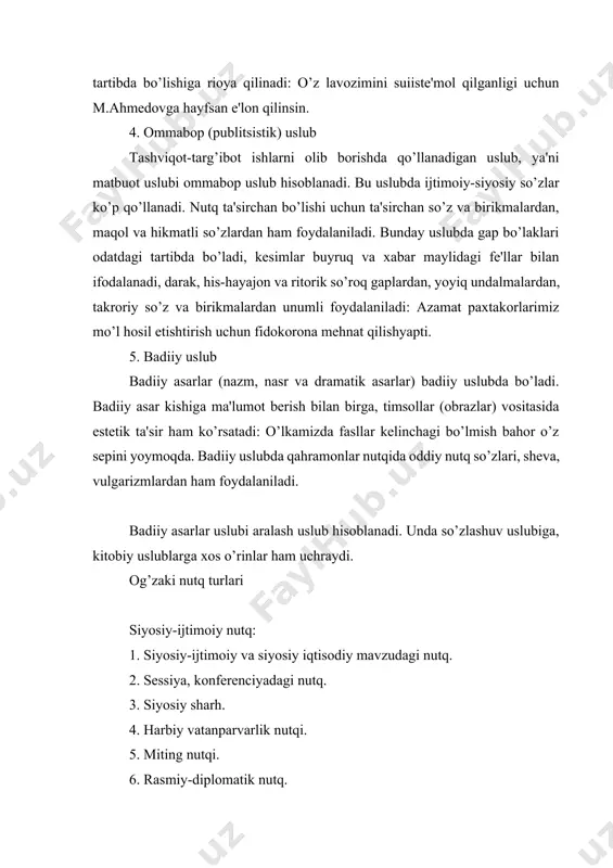 tam nutqi).3. tabrik nutqi (tost). 5. diniy nutq: 1. hutba. 2. va'z. uslubiy xoslangan va uslubiy betaraf so‘zlar adabiy tilning ijtimoiy hayotdagi ma’lum soha doirasiga, ma’lum nutqiy vaziyatga xoslangan ko‘rinishi nutq uslubi hisoblanadi. so‘zlar ma’lun nutq uslubiga xoslanish – xoslanmaslik belgisiga ko‘ra uslubiy xoslangan va uslubiy betaraf so‘zlarga bo‘linadi. ayrim nutq uslubi doirasidagina qo‘llanadigan so‘zlar uslubiy xoslangan so‘zlar, bunday xususiyatga ega bo‘lmagan so‘zlar uslubiy xoslanmagan yoki betaraf so‘zlar deyiladi. tovush, urg‘u, bo‘g‘in, undalma, morfema, omonim, sinonim, uslubiyat kabi qator so‘zlar uslubiy xoslangan so‘zlardir. chunki bu so‘zlar asosan tilshunoslik fani doirasida qo‘llaniladi. osmon, xalq, bayram, o‘quvchi, dars, tushlik, salomatlik, odam kabi so‘zlar barcha nutq uslublari doirasida birdek qo‘llanish imkoniga egaligi sababli uslubiy betaraf so‘zlar qatoriga kiradi. ya’ni, so’zlashuv uslubida ham, kitobiy uslubda ham ishlatiladigan so’zlar uslubiy bеtaraf so’zlar hisoblanadi: suv, tog’, bola, xat. me’yor tushunchasi nutq mаdаniyati to‘g‘risidа gаp bоrаr ekаn, tаbiiyki, nutqdа so‘zlаrning o‘rinli vа o‘rinsiz ishlаtilishi to‘g‘risidа hаm bаhs …