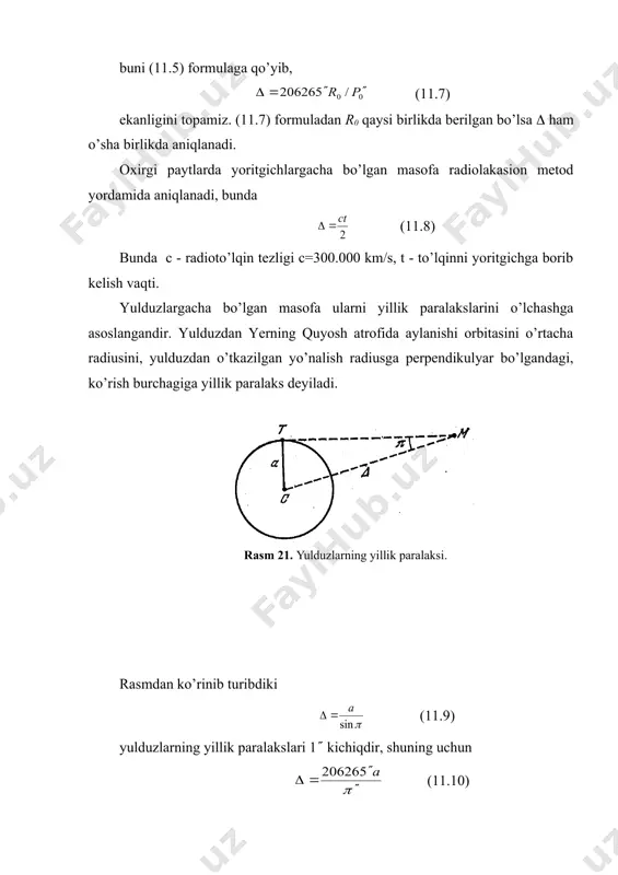 h faraz qilamizki m yoritgich osmon meridianidan o’tayotgan paytda bitta geografik meridianyushg ikkita o1 va o2 nuqtalardan turib z1 va z2 zenit masofalari o’lchangan bo’lsin. yana faraz qilamizki, har ikki kuzatish punkti yer meridianining shimoliy yarmida joylashgan bo’lib, har bir kuzatish joyidan zenitga nisbatan yoritgich janub tomonda ko’rinsin. demak, va . bunda va kuzatish joylarining geografik kengliklari, , yoritgichni toposentrik og’ishlari, bu og’ishlar - geosentrik og’ishdan va ga farq kiladi. rasmdan ko’rinib turibdiki, o1to2m to’rtburchakdan o1mo2 burchak r1-r2 ga, mo2t burchak esa 180(+z2 va o1to2 burchak esa (1-(2 ga tengdir. to’rtburchak ichidagi burchaklarning yig’indisi 360( ga teng ekanligini hisobga olsak, bo’ladi. bundan esa bo’lib, yuqoridagi formulalardan bo’lib, (11.11) ekanligi kelib chiqadi. oxirgi formulalardan foydalanib, gorizontal paralaksning qiymati topiladi. kuzatish joyidagi yerning radiusi r va ekva​torial radiusi r0 ni qiymatini bilgan holda, gorizontal ekva​torial paralaksning qiymati topiladi. (11.12) shunday qilib, yoritgichni gorizontal paralaksini, yoritgichni topo-sentrik og’ishini bilib topish mumkin ekan. yoritgichni …
