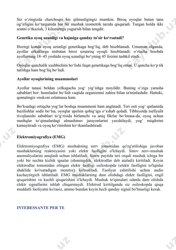amchi va aniq fikrlar bo‘lmasa-da, oyoq uchun mashqlar to‘qimalardagi almashinuv jarayonlarini yaxshilaydi, yog‘ miqdorini kamaytiradi va oyoq ko‘rinishini ko‘rkamlashtiradi. elektromiyografiya (emg) elektromiyografiya (emg) mushakning nerv tomonidan qo'zg'atilishiga javoban mushaklarning reaktsiyasini yoki elektr faolligini o'lchaydi. sinov nerv-mushak anomaliyalarini aniqlash uchun ishlatiladi. sinov paytida teri orqali mushak ichiga bir yoki bir nechta kichik ignalar (shuningdek, elektrodlar deb ataladi) kiritiladi. keyin elektrodlar tomonidan olingan elektr faolligi osiloskopda (elektr faolligini to'lqinlar shaklida ko'rsatadigan monitor) ko'rsatiladi. faoliyat eshitilishi uchun audio kuchaytirgich ishlatiladi. emg mushaklarning dam olishdagi elektr faolligini, engil qisqarishini va kuchli qisqarishini o'lchaydi. mushak to'qimalari odatda dam olishda elektr signallarini ishlab chiqarmaydi. elektrod kiritilganda siz osiloskopda qisqa muddatli faoliyatni ko'rasiz, ammo bundan keyin hech qanday signal bo'lmasligi kerak. interessante per te sustaflex bo'g'inlar bir hafta ichida tiklanadi: uyda bo'g'imlarni davolash sustaflex bu bo'g'inlar uchun kerak! og'riq ertalab yo'qoladi raid: shadow legends realistic game for men over 40 elektrodni kiritganingizdan so'ng, sizdan oyoqni ko'tarish yoki …