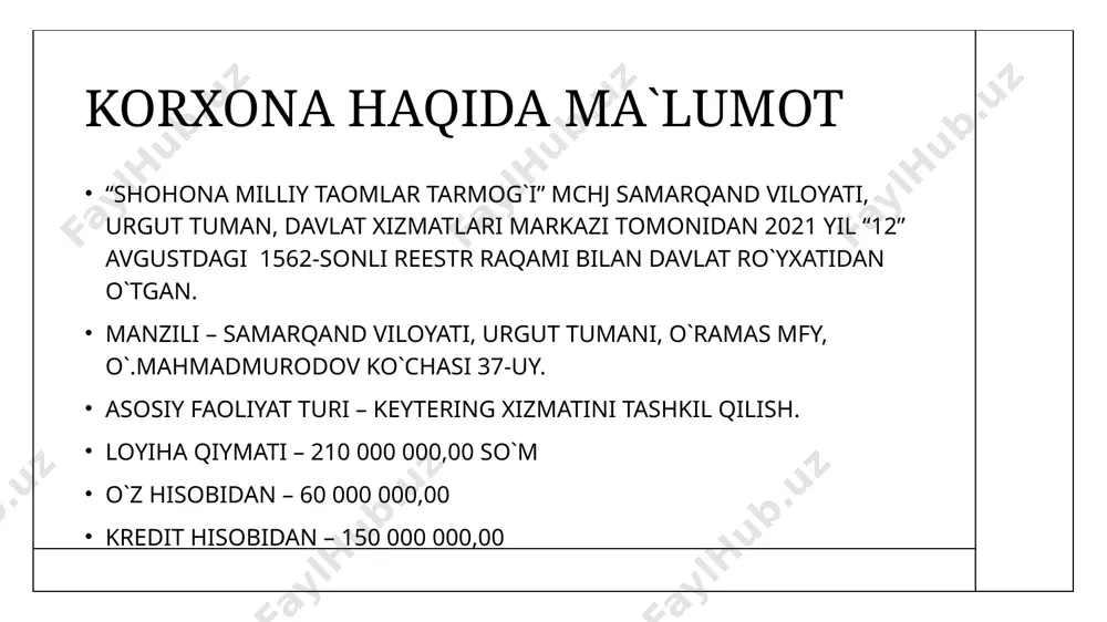 000 50 pors shurva tayyorlash uchun ketadigan mahsulotlar va xarajatlar mahsulotlar nomi o`l.bir miqdori narxi (so`m) umumiy summa (so`m) go`sht kg 10 70 000 700 000 sabzi kg 4 5 000 20 000 kartoshka kg 4 5 000 20 000 sholg`om kg 4 5 000 20 000 piyoz kg 4 2 000 8 000 pomidor kg 2 5 000 10 000 no`xat kg 2 15 000 30 000 ziravorlar kg 1 2 000 2 000 suv litr 50 1 000 50 000 jami 860 000 moliyaviy reja bitta taom sotilish narxi oziq-ovqat mahsulotlari bozorining ushbu mahsulot turiga bo`lgan narxlar tahlili asosida belgilandi. № sotiladigan taom nomi o`lchov birligi jami (so`m) 1. palov 1 pors 50 000 2. shurva 1 pors 18 000 3. manti 1 pors 22 000 4. lag`mon 1 pors 20 000 5. chuchvara 1 pors 22 000 yuqorida qayd etilgan ko`rsatkichlar asosida 6-jadvalda bir yil ichida ishlab …
