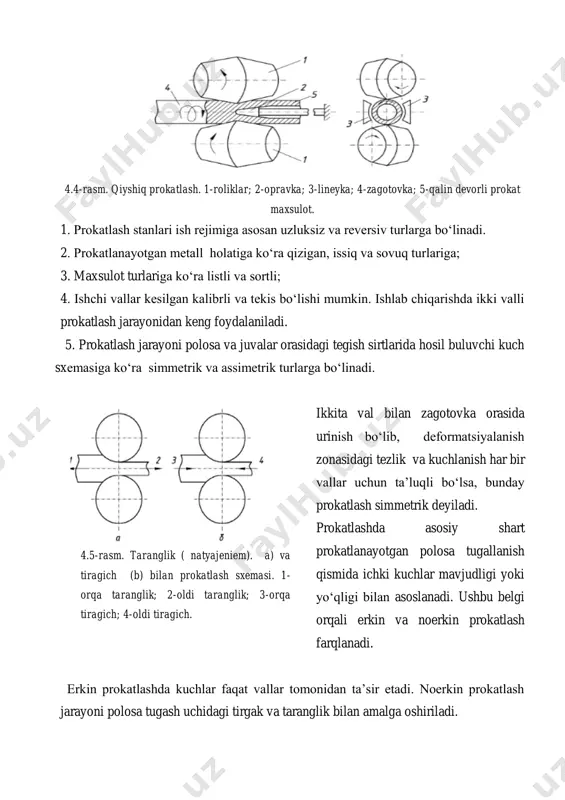 triyasi bo‘ylama prokatlashda plastik deformatsiya ishlov berilayotgan metallni butun hajmi bo‘ylab yo‘nalmay, balki, valdan chiqish qismida sodir bo‘ladi. zagotovkaning siqiladigan bu qismi deformatsiyalanish zonasi deyiladi. deformatsiya zonasi 1- geometriyasi ( 4.8-rasm) bu prokatlanayotgan metall aa1v1v hajmi, shuningdek, metalni valdan chiqish yuzasi aa1 va kirish yuzasi v1v hisoblanadi. tadqiqotlar shuni ko‘rsatadiki, metallni kirish yuzasida va tutash bo‘lmagan zona-chiqish zonasida plastik deformatsiya mavjud bo‘ladi. 4.7-rasmdan ikkita tutashuv bo‘lmagan sirtlardagi deformatsiya 3(ma a1m1 ) va 2 (bd d1b1) ko‘rinish mumkin. 4.7-rasm. prokatlashda deformatsiya qamrash geometriyasi. deformatsilanayotgan metall bilan val o‘rtasida av tutashuv sirtini qamrash yoyi deb ataladi. av qamrov yoyiga mos keladigan markaziy burchak-yoy burchagi (α) deb ataladi. gorizontal o‘qda deformatsiya qamrash proeksiyasini–qamrash uzunligi (𝑙z) deyiladi. deformatsiya geometriyasi qamrash uzunligini 1,2 dan 1,7 gacha qiymatida qabul qilinadi. shundan kelib chiqadiki, prokatlashda deformatsiya geometriyasi qamrash shakli quyidagicha tavsiflanadi: • qamrash kengligi α quyidagi ifoda orqali aniqlanadi. cos α=1-(δh/d) (4.1) • kesim balandliklari h0 va …