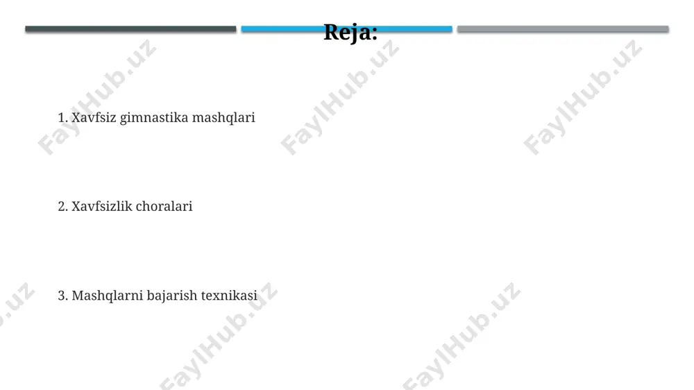arta takrorlanadigan harakatlarni bosqichma-bosqich bajarish, to‘g‘ri nafas olish va mushaklarning cho‘zilishiga e’tibor qaratish muhim. mashqlarni bajarish jarayonida to‘g‘ri pozani saqlash, 60-90 gradus burchak ostida egilish va tana og‘irligini to‘g‘ri taqsimlash xavfsizlikni ta’minlaydi. asos asosiy mashqlar to'g'ri nafas olish texnikasi juda muhim: har bir harakatni bajarayotganda, 4 soniya davomida nafas olish va 6 soniya davomida nafas chiqarish kerak, bu mushaklarning kislorod bilan to'yishiga yordam beradi. asosiy gimnastika mashqlarini bajarishda 3-5 marta takrorlash tavsiya etiladi, har bir takrorlash oralig'ida 10-15 soniya dam olish kerak, bu mushaklarning to'liq tiklanishiga yordam beradi. mashqlarni boshlashdan oldin, 5-10 daqiqa davomida yengil isitish mashqlari, masalan, aylanma harakatlar va cho'zish mashqlari bajarish kerak, bu jarohatlarning oldini olishga yordam beradi. murakkab mashqlarni amalga oshirish murakkab mashqlarni bajarishdan oldin, 5-10 daqiqalik yaxshilab isitishni unutmang, bu jarohatlarni oldini olishga yordam beradi va mushaklarning moslashuvchanligini oshiradi. murakkab mashqlarni bajarishda, 3-5 marta takrorlash bilan boshlang va asta-sekin 8-12 takrorlashgacha oshiring, har bir mashq …