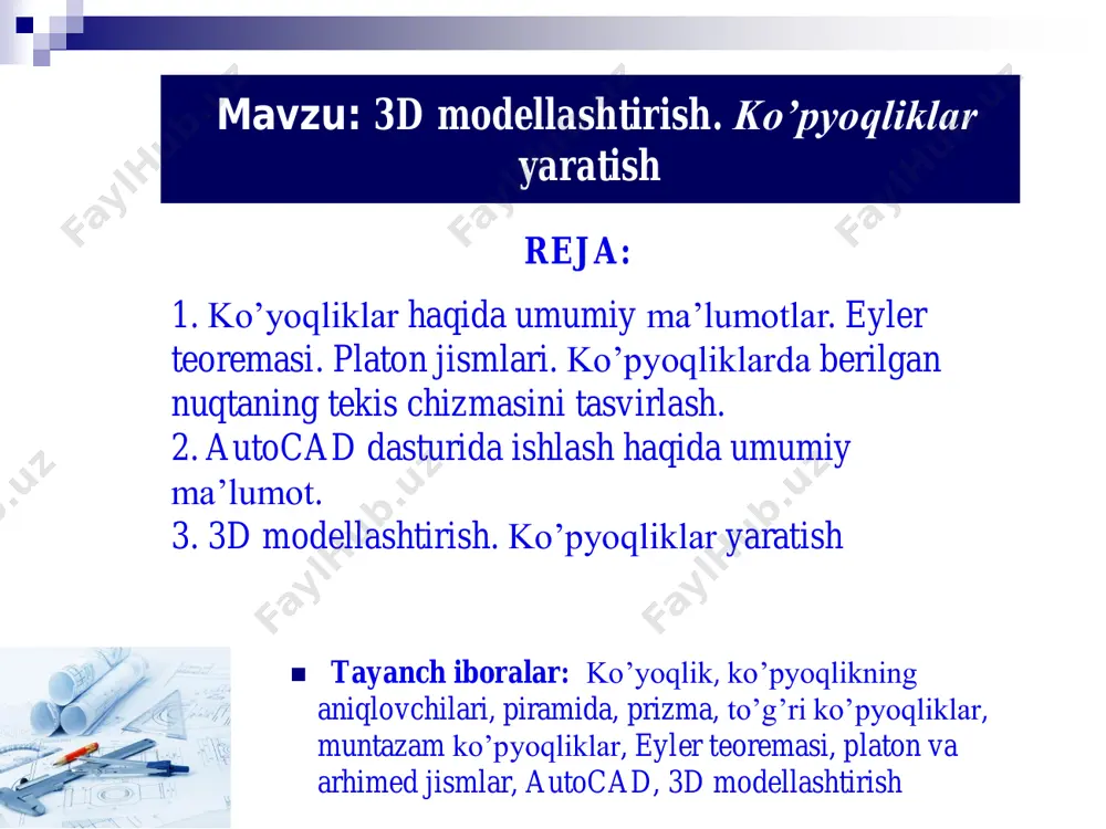 lari va qirralari uning aniqlovchilari hisoblanadi. piramida ko'pyoqlik asosining tomonlari soniga ko'ra, masalan, asosi uchburchak, to'rtburchak va hokazo bo'lsa uchburchakli, to'rtburchakli va hokazo deb yoki yon yoqlarining soniga ko'ra uchyoqli, to'rtyoqli va hokazo ko'pyoqlik deb ataladi. ta’rif. yoqlaridan biri tekis ko‘pburchak bo‘lib, qolgan yoqlari esa umumiy uchga ega bo‘lgan uchburchaklardan tuzilgan ko’pyoqliklar piramida deyiladi. ko‘pburchak piramidaning asosi va uchburchaklar esa uning yon yoqlari deb ataladi. yon yoqlarining umumiy uchi piramidaning ham uchi hisoblanadi va u asos tekisligida yotmaydi. asosi muntazam ko‘pburchakli piramida muntazam piramida deb ataladi. piramida balandligi asosining markazidan o‘tib, unga perpendikulyar bo‘lsa, uni to‘g‘ri piramida, perpendikulyar bo‘lmasa og‘ma piramida deb yuritiladi. ta’rif. yon yoqlari to‘rt burchaklardan va asosi ko‘p burchakdan iborat bo‘lgan ko’pyoqliklar prizma deyiladi. yon yoqlarning kesishuv chiziqlari – prizma qirralari, qirralar orasidagi ko‘p burchaklining yoqlari deyiladi. prizmani barcha qirralarini kesuvchi parallel tekisliklarda hosil bo‘lgan ko‘pburchaklar–prizmaning asoslari deb ataladi. yon qirralari asosiga nisbatan og‘ma yoki perpendikulyar bo‘lsa, …