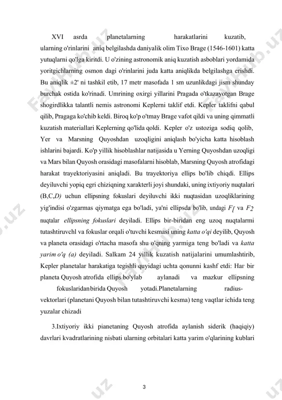 a) teng vaqtlar ichida teng yuzalar chizadi 3.ixtiyoriy ikki pianetaning quyosh atrofida aylanish siderik (haqiqiy) davrlari kvadratlarining nisbati ularning orbitalari katta yarim o'qlarining kublari nisbatiga teng bo'ladi, ya'ni bu yerda: a}, t} — 1- planetaning katta yarim o'qi va davri, a2, t2 - 2- planetaning katta yarim o'qi va davri. bu ifoda, kuzatishdan aniqlangan planetaning davriga (t) ko'ra, ungacha bo'lgan o'rtacha masofani (a) topishda, astronom-larga juda qo'l keldi, ya'ni t2 (yil) = a3 (a.b.). 1. quyosh sistemasiga kiruvchi jismlargacha (planetalar, oy, mayda planetalar va hokazo) masofalar trigonometrik yo'l bilan sutkalik parallaks deyiluvchi metod yordamida topiladi. biz geometriya kursida borib bo'lmaydigan nuqtalargacha masofani aniqlash bo'yicha qo'llagan metodimizni esga olaylik. в nuqtadan turib, daryoning narigi qirg'og'ida joy-lashgan a daraxtgacha masofani topish kerak bo'lsin. buning uchun daryoning biz turgan tomonida biror с nuqtani olib, bc ning uzunligini katta aniqlik bilan o'lchaymiz. bu kes-maning uchlaridan a daraxtga qarasak, unga tomon yo'nalishlar-ning(abvaac) kuzatuvchining 5 dan …