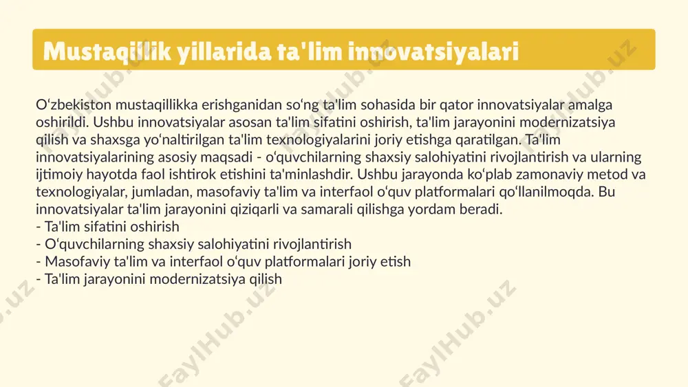 fatida, shaxsga yo‘naltirilgan ta'lim texnologiyalari joriy etilib, o‘quvchilarni individual xususiyatlariga mos ravishda o‘qitish imkoniyatini taqdim etmoqda. bu usul, o‘quv jarayonini yanada samarali va qiziqarli qilishga yordam beradi. natijalar sifatida, ta'lim sohasida amalga oshirilgan innovatsiyalar, o‘quvchilarning bilim va ko‘nikmalarini yanada rivojlantirishga, ularning o‘qishga bo‘lgan qiziqishini oshirishga xizmat qildi. bunday yondashuvlar, kelajakda ham o‘z samarasini berishi kutilyapti. 02 01 03 shaxsga yo‘naltirilgan ta'lim texnologiyalari – bu o‘quvchilarni individual ehtiyojlariga mos ravishda ta'lim berishga qaratilgan innovatsion yondashuvdir. bu texnologiyalar o‘quv jarayonini yanada samarali va qiziqarli qilishga yordam beradi, shuningdek, har bir o‘quvchining o‘ziga xos xususiyatlarini hisobga olish imkonini beradi. ta'lim sohasidagi innovatsiyalar, shuningdek, o‘quvchilarning motivatsiyasini oshirishga, bilim sifatini yaxshilashga va ta'lim tizimidagi umumiy samaradorlikni oshirishga yordam beradi. o‘zbekiston mustaqillik yillarida ta'limda amalga oshirilgan o‘zgarishlar, jumladan, zamonaviy pedagogik texnologiyalarni joriy etish, shaxsga yo‘naltirilgan ta'limni rivojlantirish uchun qulay shart-sharoitlar yaratdi. ushbu jarayonlar, o‘z navbatida, ta'lim sifatini oshirishga va o‘quvchilarni zamonaviy talablar darajasida tayyorlashga xizmat qiladi. …