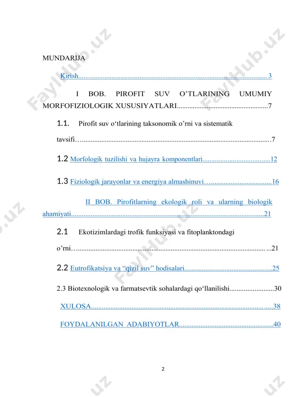 ahamiyatga ega bo‘layotganligi ularning ilmiy o‘rganilishini yanada dolzarb qiladi. shu jihatdan, mazkur kurs ishida pirofit suv o‘tlarining morfofiziologik tuzilishi, ekologik funksiyasi va ularning inson faoliyatiga ta’siri bilan bog‘liq masalalarning tahlili muhim ilmiy va amaliy ahamiyat kasb etadi. kurs ishining maqsadi va vazifalari. kurs ishining maqsadibiologiya fanining zamonaviy yo‘nalishlaridan biri bo‘lgan gidrobiologiya va ekologiya sohasi, ayniqsa suv ekotizimlarida yashovchi mikroskopik organizmlarning hayot faoliyatini chuqur tahlil qilishni talab qiladi. mazkur kurs ishining asosiy maqsadi — pirofit suv o‘tlarining (dinoflagellata) biologik xususiyatlarini, ularning morfologik va fiziologik tuzilishini, ekologik tizimlardagi funksional rolini, inson hayotiga ijobiy va salbiy ta’sirlarini ilmiy jihatdan tahlil qilishdir.ushbu kurs ishida pirofitlarning umumiy tuzilishi, ularning hujayra darajasidagi maxsusliklari, fotosintez jarayonidagi o‘ziga xos pigmentlari, harakatlanish uslublari hamda ko‘payish jarayonlari tahlil qilinadi. shuningdek, ularning suv havzalaridagi trofik zanjirdagi o‘rni, “qizil suv” deb nomlanuvchi massaviy gullash hodisasi, ayrim turlarining toksik xususiyatlari va ular bilan bog‘liq ekologik muammolar yoritiladi.bu maqsad orqali nafaqat nazariy bilimlar kengaytiriladi, …