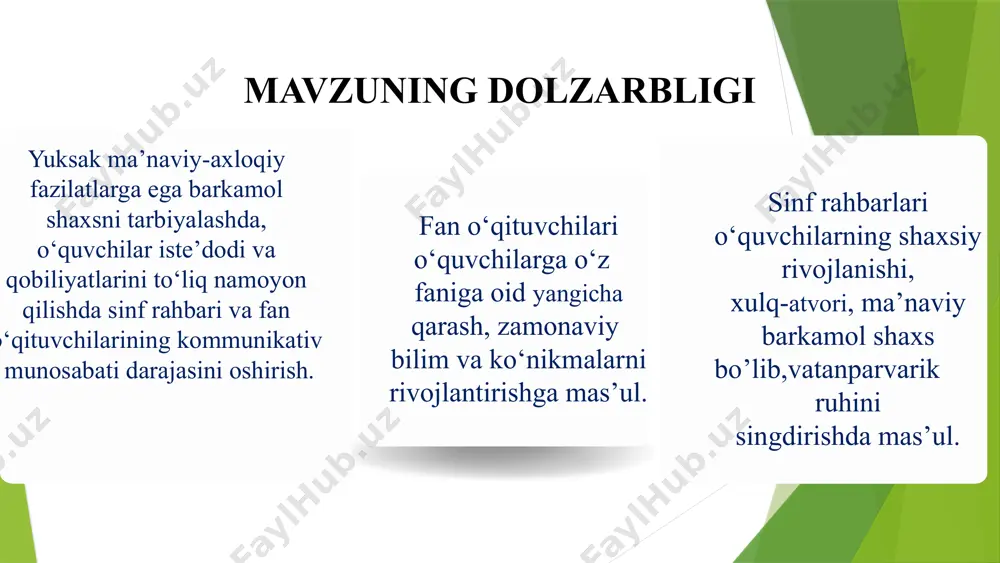 chilari bilan sinf rahbarlari o’rtasida o’zaro hamkorlik bo’yicha tadqiqotlar,so‘rovnomalar o‘tkazilgan. taklif fan o‘qituvchilari va sinf rahbarlarini hamkorligi uchun rag‘batlantirish tizimini yaratish hamkorlikdagi yutuqlarini jamoa oldida e’lon qilish va qadrlash moliyaviy rag‘batlantirish, ya’ni hamkorlikda erishilgan natijalari uchun qo‘shimcha rag‘batlantirish. xulosa o‘qituvchilar o‘rtasidagi muloqotni yaxshilaydi: o‘qituvchilar bir-birlaridan o‘rganadilar,tajriba almashadi va bir-birlarini qo‘llab –quvvatlaydi. fan o‘qituvchilari va sinf rahbarlari birgalikda o‘quvchilarning ehtiyojlarini yanada yaxshi tushunishga va ularga moslashtirilgan yondashuvni shakllantirishga yordam beradi. hamkorlik o‘qituvchilar o‘rtasida o‘zaro hurmat va ishonchni mustahkamlashga,maktab muhitini yanada ijobiylashtirishga yordam beradi. mustahkam aloqalar o‘zaro hurmat o‘qituvchilar va sinf rahbarlari bir-birlarining professionalligi,tajribasi va fikrlariga hurmat bilan qarash. ishonch bir-biriga ishongan holda, yordam so‘rash va yordam taklif qilish. ochiq muloqot muammolarni ochiq va halol muhokama qilish, erkin fikr almashish, bir-birini tinglash. maktab ma’muriyatini jalb qilish muammolarni hal qilish yechimlarni ishlab chiqish hamkorlikda muammoni hal qilish uchun turli yechim ishlab chiqish kerak. muammoni aniqlash o‘qituvchilar va sinf rahbarlari birgalikda muammoni aniqlash va …