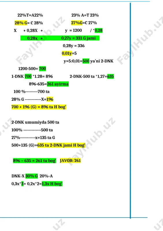 28% g= c 28% x + 0,28x + 0,28x + 23% a=t 23% 27%g=c 27% y = 1200 / *0,28 0,27y = 331 g jami 0,28y = 336 0,01y=5 y=5:0,01=500 ya’ni 2-dnk 1200-500= 700 1-dnk 700 *1.28= 896 2-dnk-500 ta *1,27=635 896-635=261 ayirma 100 %---------700 ta 28% g ------------x=196 700 + 196 (g) = 896 ta h bog’ 2-dnk umumiyda 500 ta 100% -------------500 ta 27%-----------x=135 ta g 500+135 (g)=635 ta 2-dnk jami h bog’ 896 – 635 = 261 ta bog’ javob: 261 dnk-x 30% g 20%-a 0,3x*3+ 0,2x*2=1,3x h bog’ 18. hayvonlar qon aylanish sistemasining qaysi qismlarida arterial (a) va venoz (b) qon bo‘ladi? 1) yo‘rg‘a tuvaloqning o‘pka venasida; 2) chuchuk suv shillig‘ining yurak qorinchasida; 3) biyning yuragida; 4) xumboshning qorin aortasida; 5) lansetnikning orqa aortasida; 6) krevetkaning orqa qon tomirida a) a - 2, 4; b – 5 в) a - 1, 3; b - 4, 5 …
