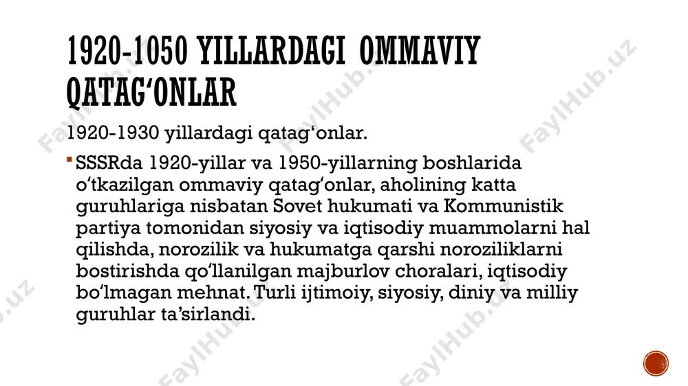 a zonasini repressiya tartibida quloqlar va antisovet unsurlaridan tozalash to’g’risida”gi buyrug’i bilan 30 mingga yaqin ingriyaliklar tojikiston ssr, qozog’iston avtonomiyasiga surgun qilindi. 1936 yilda ukrainaning chegaradosh viloyatlaridan qarag’anda va qozog’istonning boshqa viloyatlariga 41 mingdan ortiq odam deportatsiya qilindi, ularning 60% dan ortig’ini polyaklar va nemislar tashkil etdi (sssr xalq komissarlari kengashining № 111-21cc qarorlari). 1936 yil 23 yanvar, 1936 yil 28 apreldagi 776-120cc-son va boshqalar). ayniqsa, 1937-1938 yillarda keng ko’lamli qatag’onlar (“katta terror”) avj oldi. bolsheviklar kpss mk plenumining (1937 yil fevral) qarorlari asosida bu qatag‘onlarning mafkuraviy asoslanishi sotsializmga yaqinlashganimizda sinfiy kurashning kuchayishi nazariyasi edi. 1939-1941 yillarda, ikkinchi jahon urushi boshlanganidan so’ng, chegara xavfsizligini ta’minlash uchun snk cccp ning 2122-sonli qarorlariga binoan g’arbiy ukraina, g’arbiy belarusiya, litva, latviya va estoniya ssrdan 400 mingga yaqin odam deportatsiya qilindi 1940-1950 yil boshlaridagi qatagʻonlar ommaviy qatag’onlarga sssr oliy kengashi prezidiumining 1940 yil 26 iyundagi “sakkiz soatlik ish kuniga, etti kunlik ish haftasiga o’tish …
