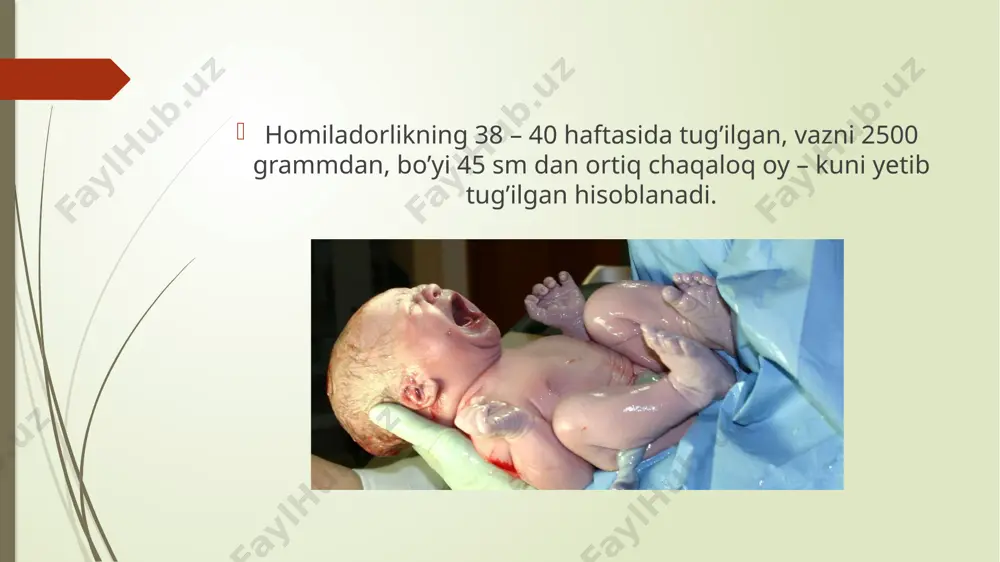 a iliq qaynatilgan suv artiladi. chaqaloqranning har cho’miltirganda quloqchalari alohida paxta pilik bilan artiladi. chaqaloqranning kindik tizimchasi perikis vodorod eritmasi bilan artiladi. markazdan boshlab atrofga qarab. chaqaloqranning kindik tizimchasi qurib tushgandan so’ng cho’miltiriladi va teri burmalari steril yog’ bilan artiladi. chaqaloqlarni tagini yuvish bola ichi kelgandan so’ng tagi faqat oqar suvda yuvulishi kerak, bola chap qo’lga yotqizilib, tagi o’ng qo’lda oqar suvda doka salfetka, bola yo’rgaklash sto’liga olinib, yumshoq taglikga asta artiladi. teri burmalari steril moyda artilib toza taglik kiydiriladi. tug’ilgandan so’ng bolaning birinchi axlati ya’ni ichi kelishi – mekoniy deyiladi. mekoniy – bu ona qornidagi bola yutgan qog’onoq suvlardan tashkil topgan qora moy simon ko’rinishga ega bo’ladi. image1.jpg /docprops/thumbnail.jpeg